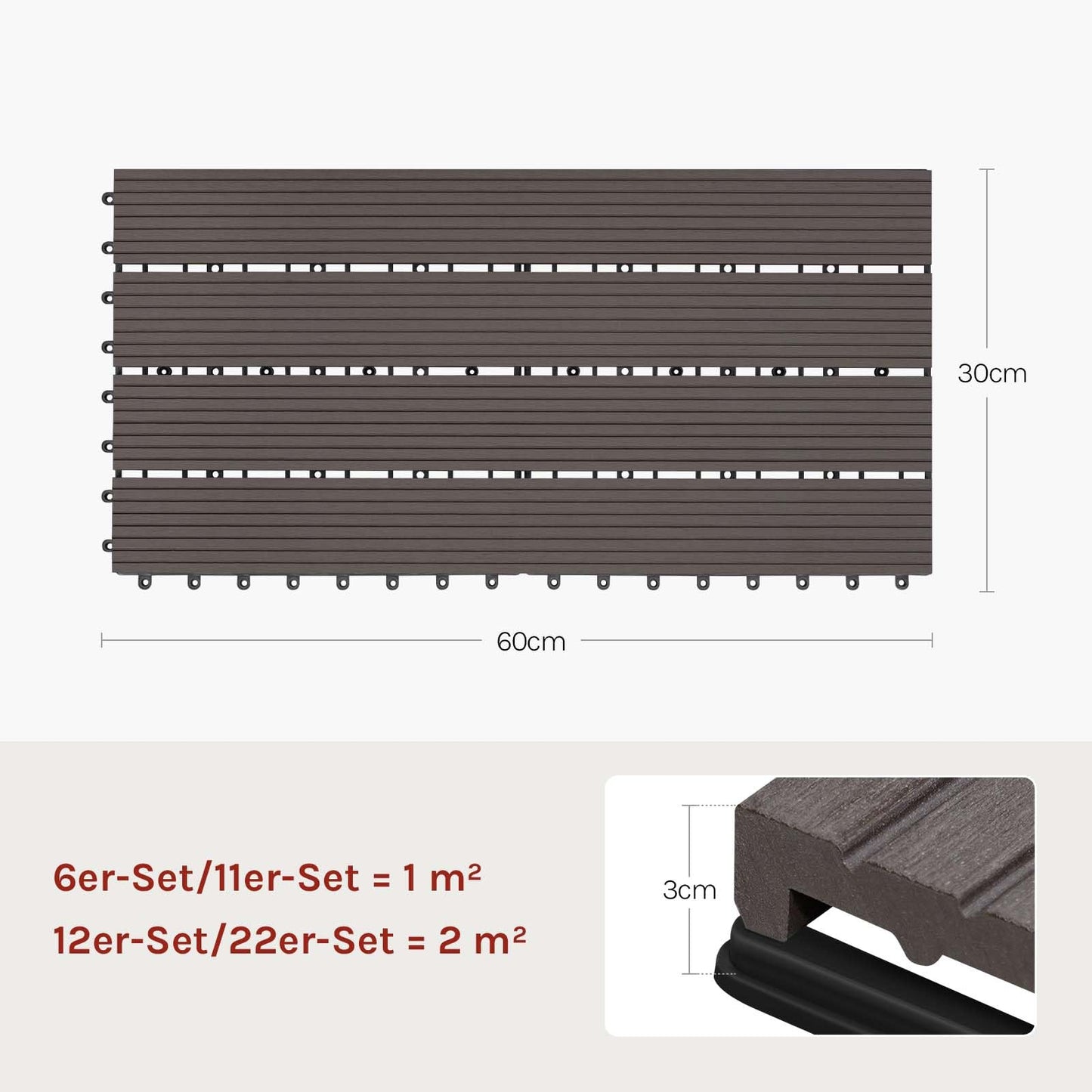 WOLTU WPC-Terrassenfliesen – Holzoptik – Klicksystem – 30 x 60 cm – kaffeefarben – 12 Stück, 2 m²
