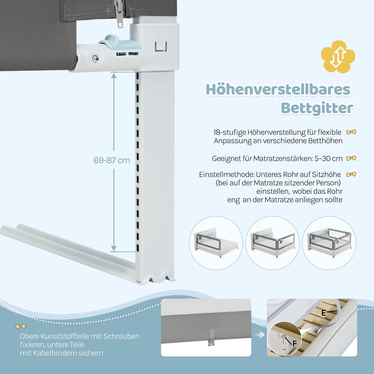 WOLTU – Bettgitter 150 cm – Höhenverstellbar 69–87 cm – Klappbares Bettgitter – Dunkelgrau