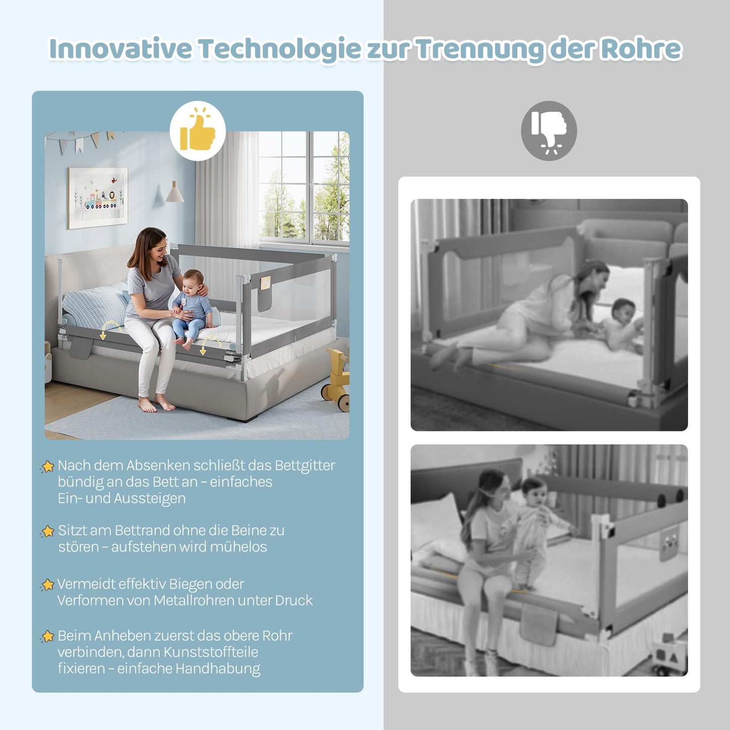 WOLTU – Bettgitter 150 cm – Höhenverstellbar 69–87 cm – Klappbares Bettgitter – Dunkelgrau