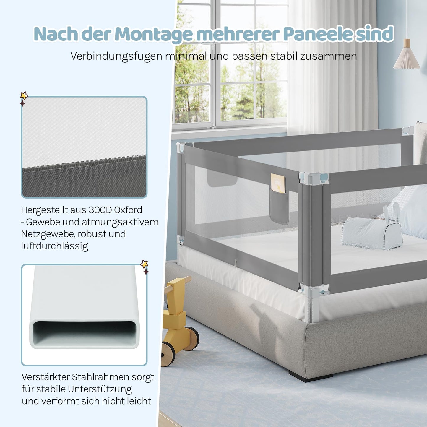 WOLTU – Bettgitter 150 cm – Höhenverstellbar 69–87 cm – Klappbares Bettgitter – Dunkelgrau