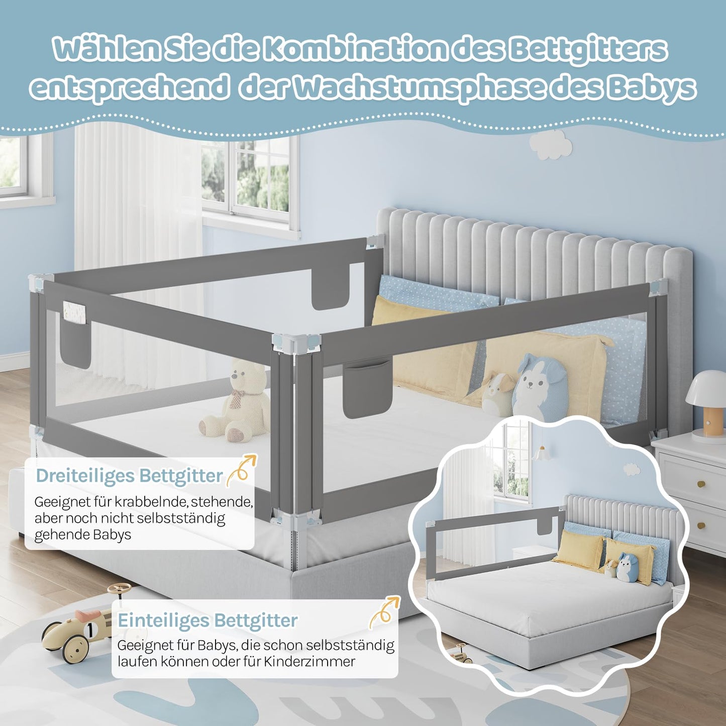 WOLTU – Bettgitter 150 cm – Höhenverstellbar 69–87 cm – Klappbares Bettgitter – Dunkelgrau