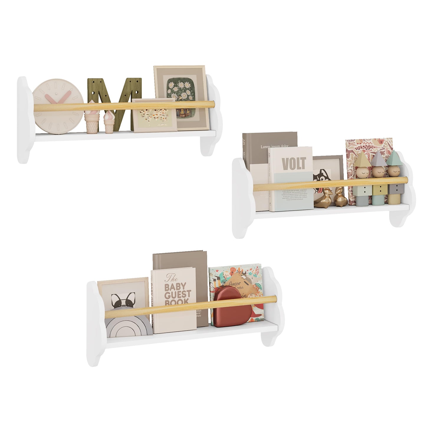 WOLTU Kinder-Wandregal-Set, 3-teilig – Wolkenform – weißes MDF mit Kiefernholzstange – 3 offene Fächer