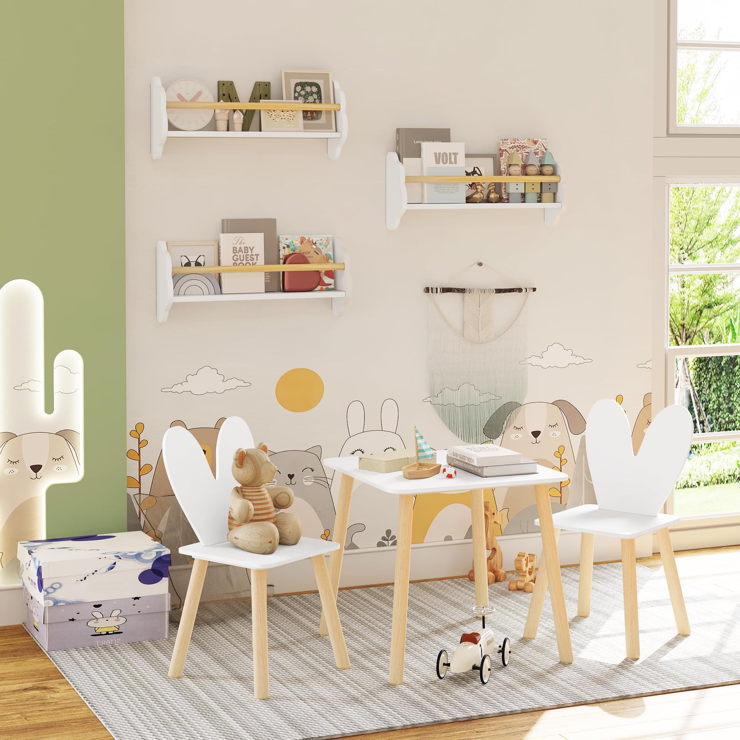 WOLTU Kinder-Wandregal-Set, 3-teilig – Wolkenform – weißes MDF mit Kiefernholzstange – 3 offene Fächer