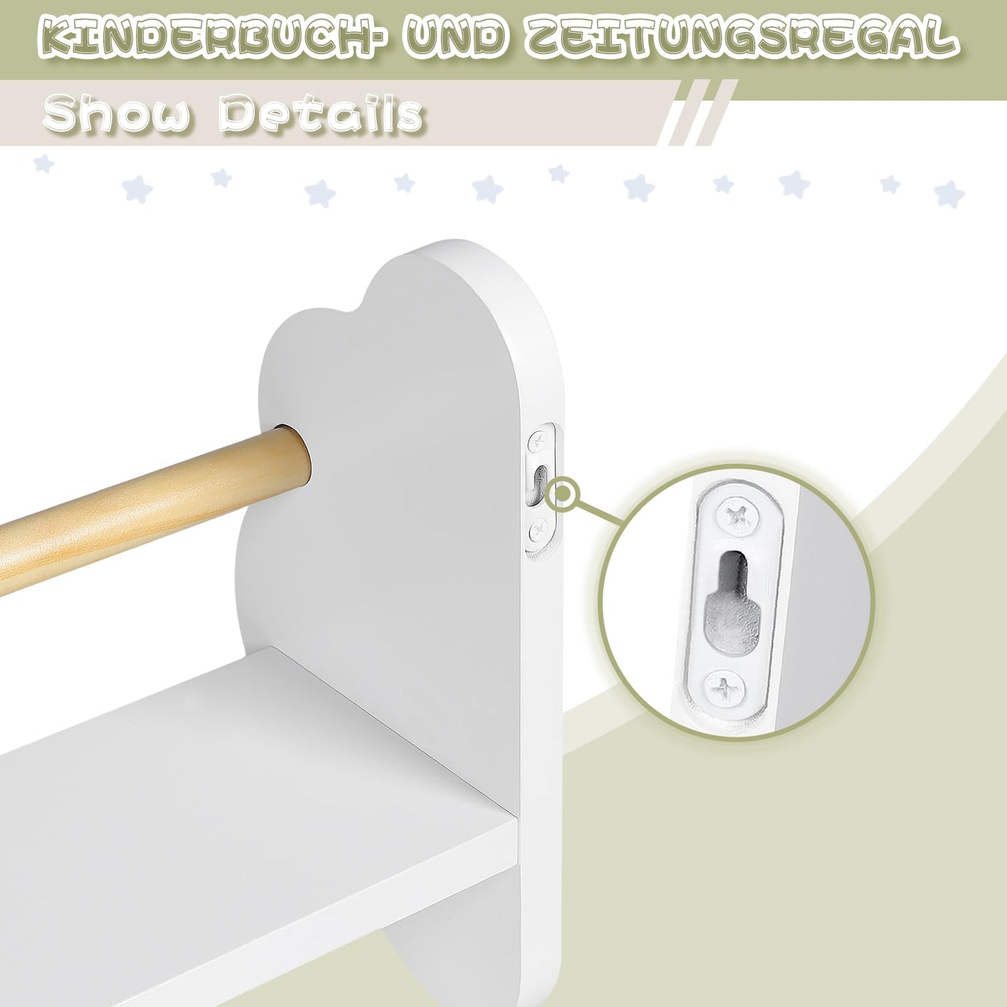 WOLTU Kinder-Wandregal-Set, 3-teilig – Wolkenform – weißes MDF mit Kiefernholzstange – 3 offene Fächer