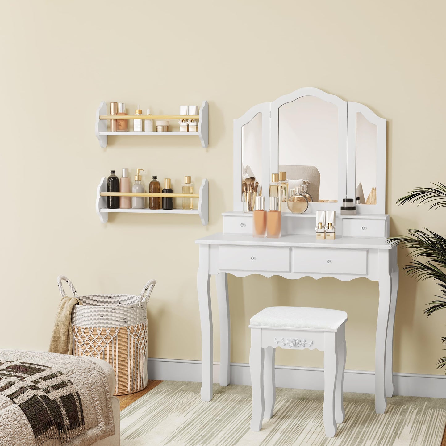 WOLTU Kinder-Wandregal-Set, 3-teilig – Wolkenform – weißes MDF mit Kiefernholzstange – 3 offene Fächer