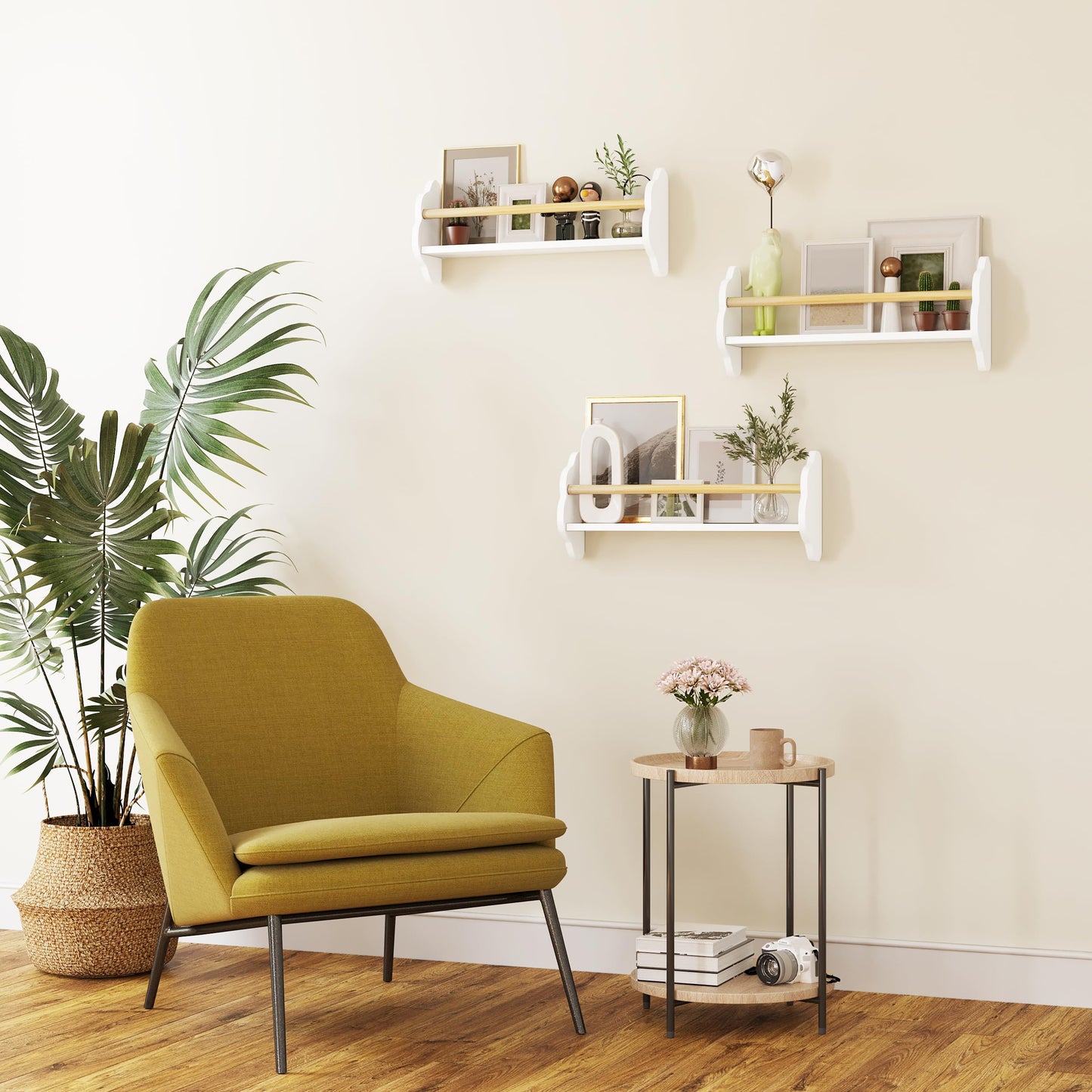 WOLTU Kinder-Wandregal-Set, 3-teilig – Wolkenform – weißes MDF mit Kiefernholzstange – 3 offene Fächer