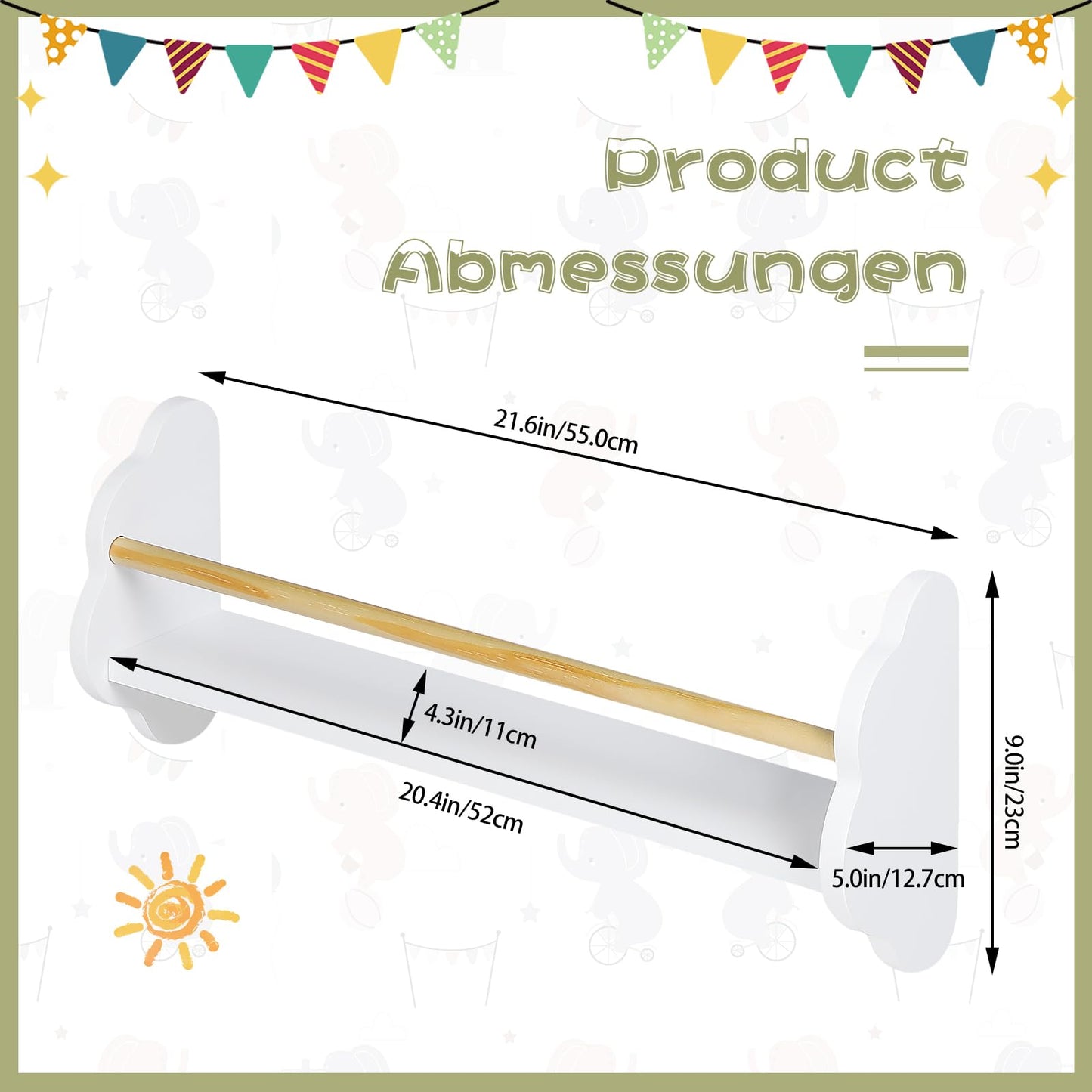 WOLTU Kinder-Wandregal-Set, 3-teilig – Wolkenform – weißes MDF mit Kiefernholzstange – 3 offene Fächer
