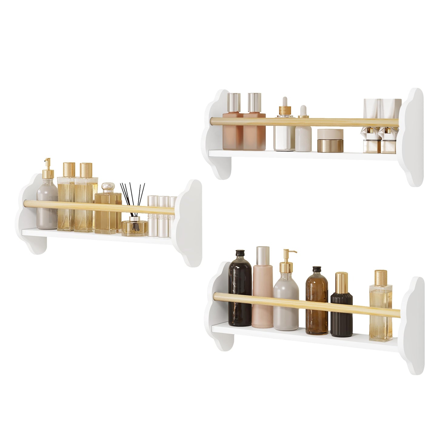 WOLTU Kinder-Wandregal-Set, 3-teilig – Wolkenform – weißes MDF mit Kiefernholzstange – 3 offene Fächer