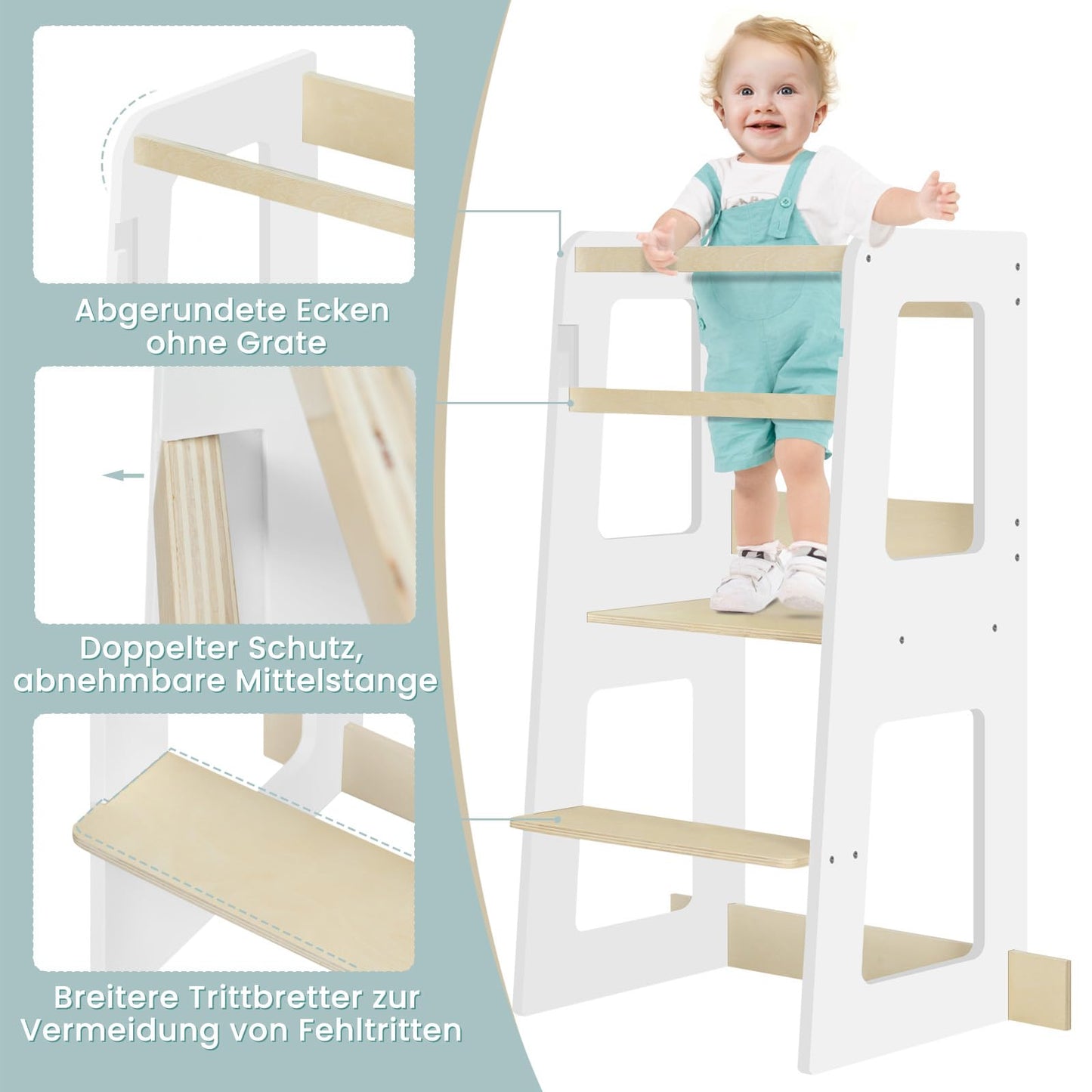 WOLTU Montessori-Lernturm – Küchenturm für Kinder ab 1 Jahr – mit Absturzsicherung – MDF und Massivholz – weiß und naturfarben