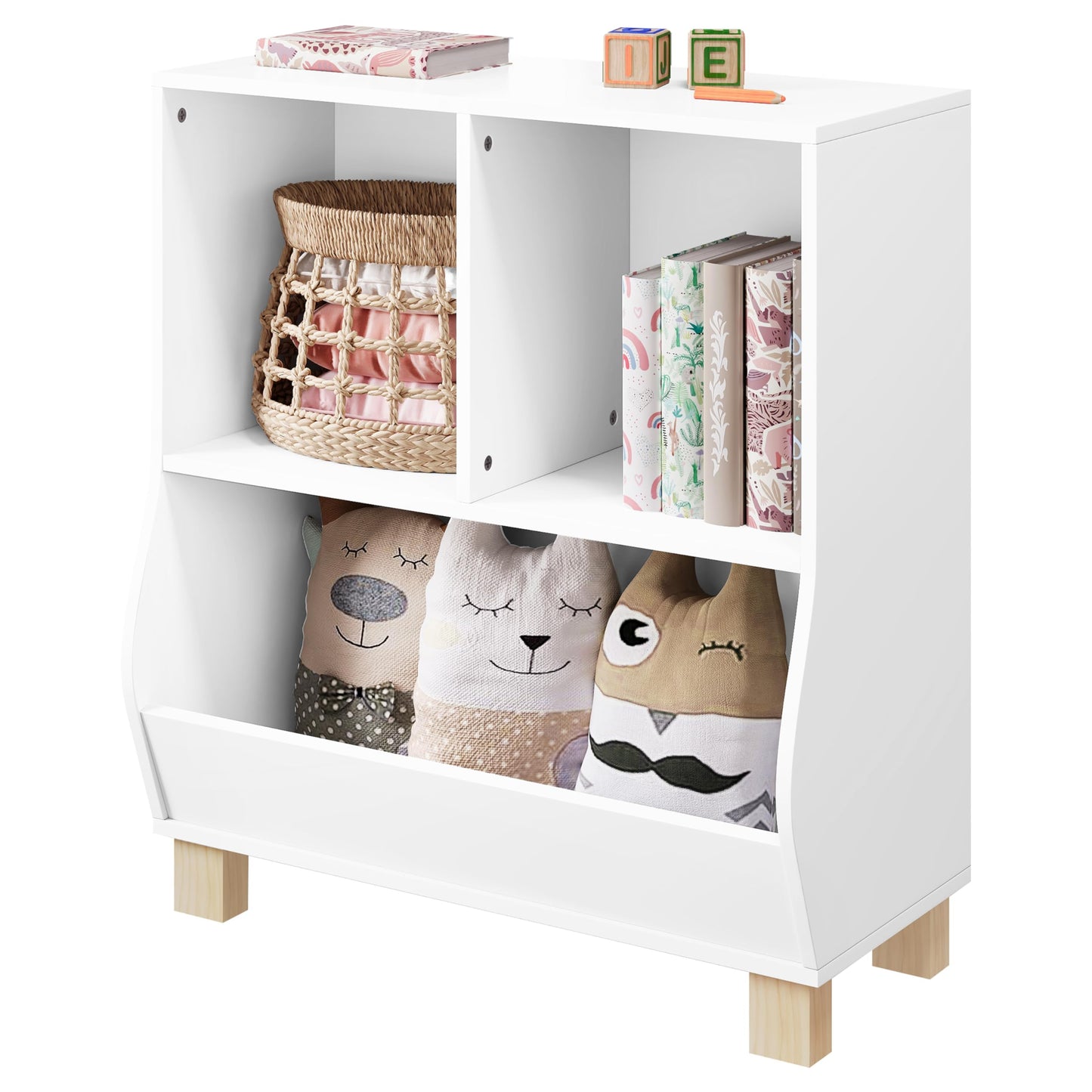 Lestarain Montessori-Kinderbücherregal – weiß – 3 Fächer – mit Massivholzbeinen – 71,5 x 77 x 34,5 cm