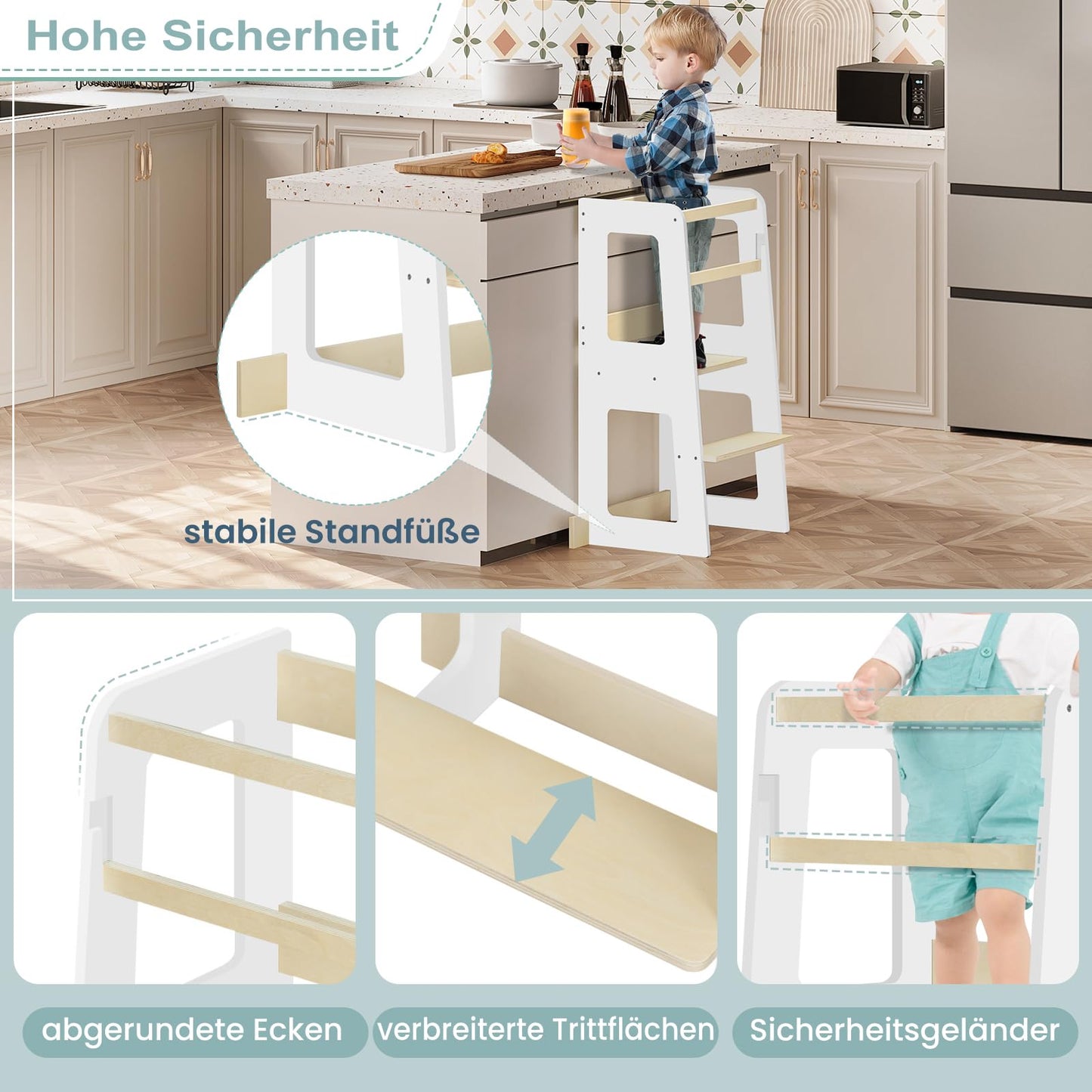 WOLTU Montessori-Lernturm – Küchenturm für Kinder ab 1 Jahr – mit Absturzsicherung – MDF und Massivholz – weiß und naturfarben