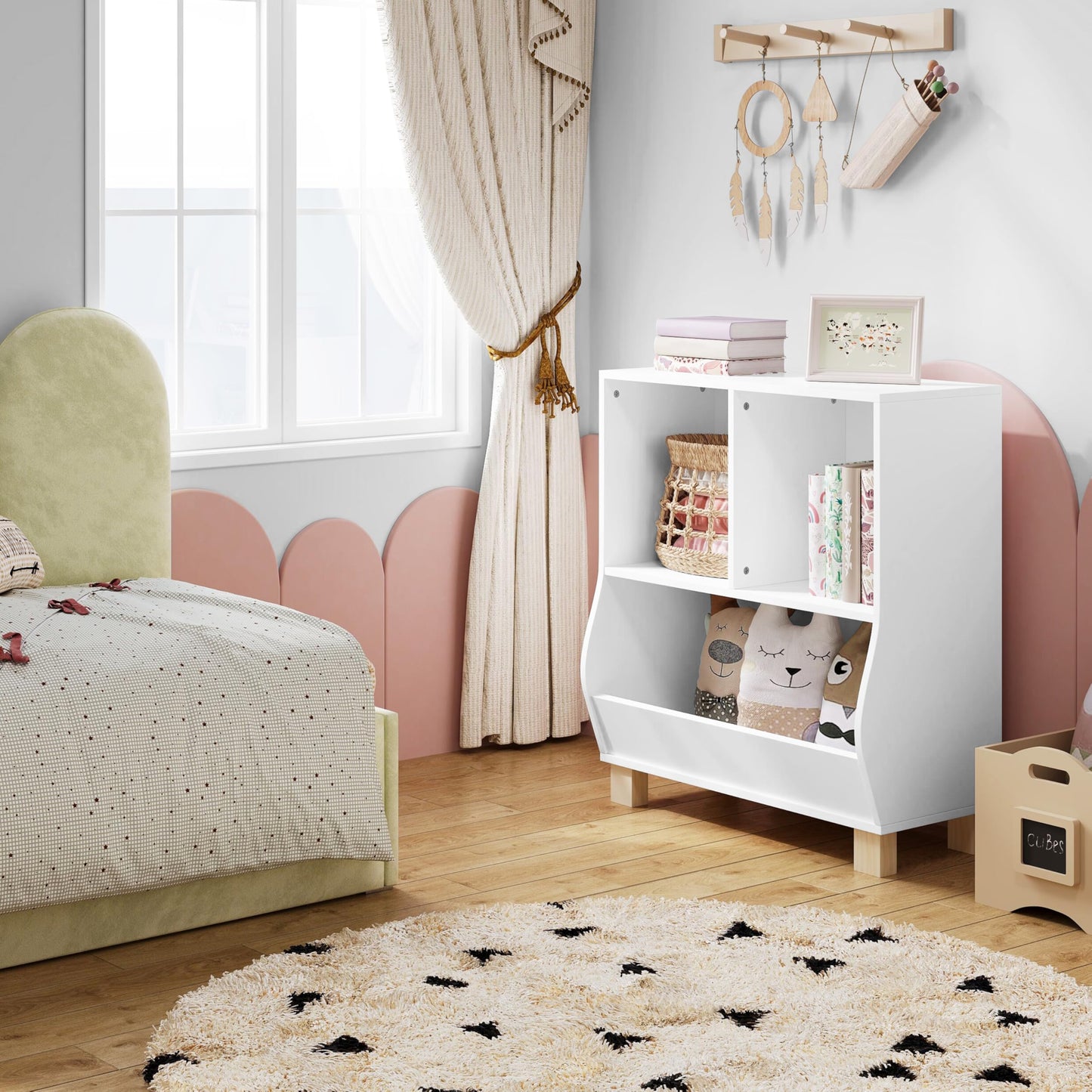 Lestarain Montessori-Kinderbücherregal – weiß – 3 Fächer – mit Massivholzbeinen – 71,5 x 77 x 34,5 cm