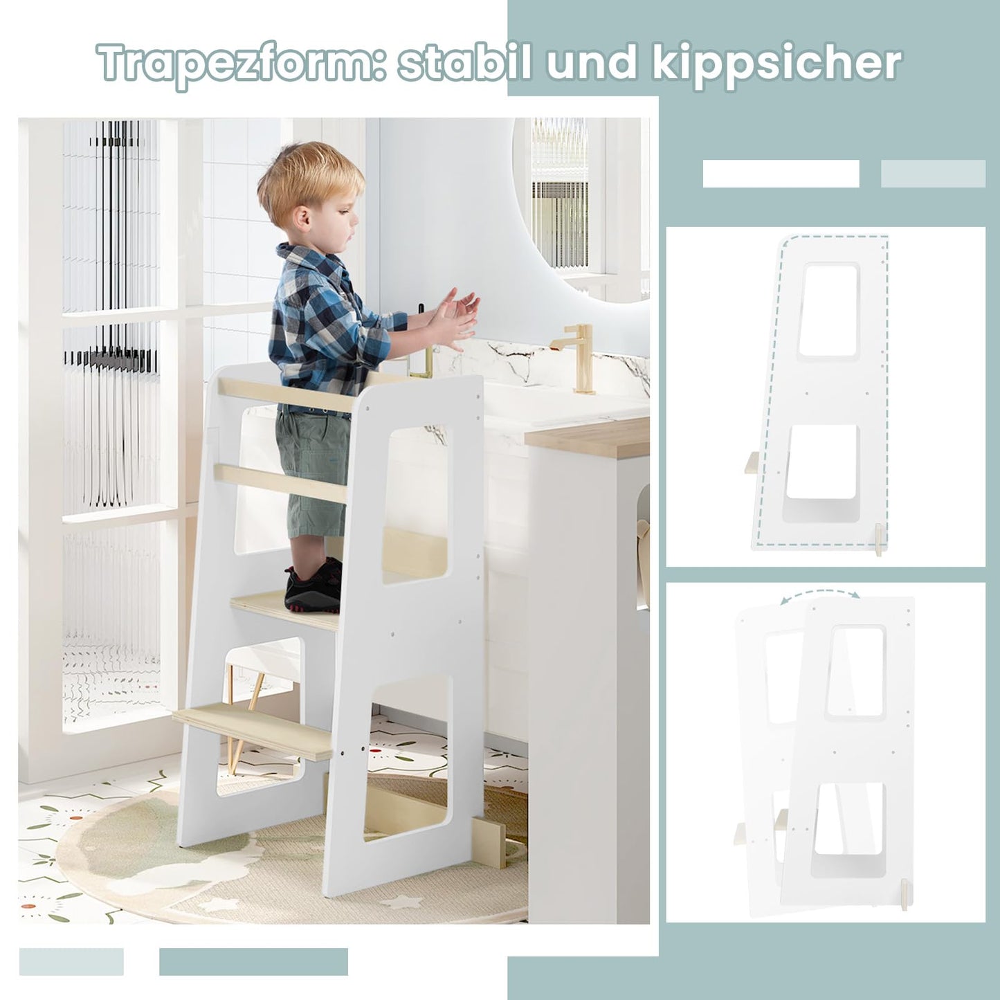 WOLTU Montessori-Lernturm – Küchenturm für Kinder ab 1 Jahr – mit Absturzsicherung – MDF und Massivholz – weiß und naturfarben