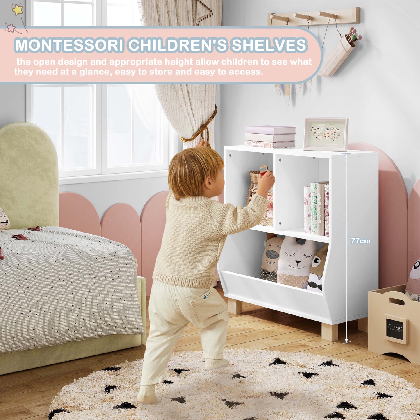 Lestarain Montessori-Kinderbücherregal – weiß – 3 Fächer – mit Massivholzbeinen – 71,5 x 77 x 34,5 cm
