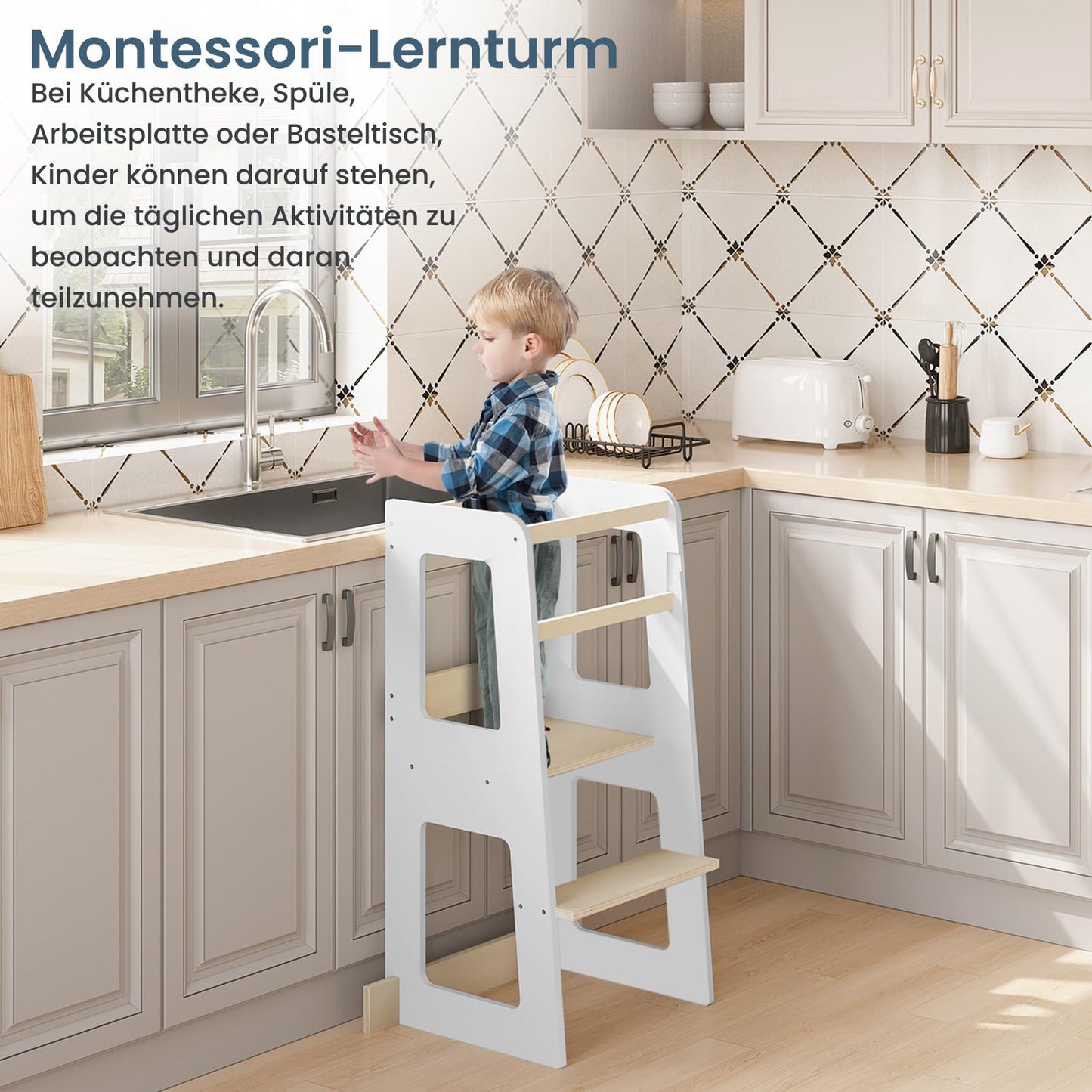 WOLTU Montessori-Lernturm – Küchenturm für Kinder ab 1 Jahr – mit Absturzsicherung – MDF und Massivholz – weiß und naturfarben