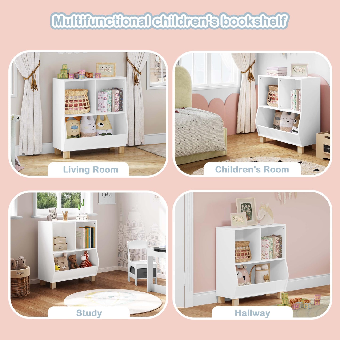 Lestarain Montessori-Kinderbücherregal – weiß – 3 Fächer – mit Massivholzbeinen – 71,5 x 77 x 34,5 cm