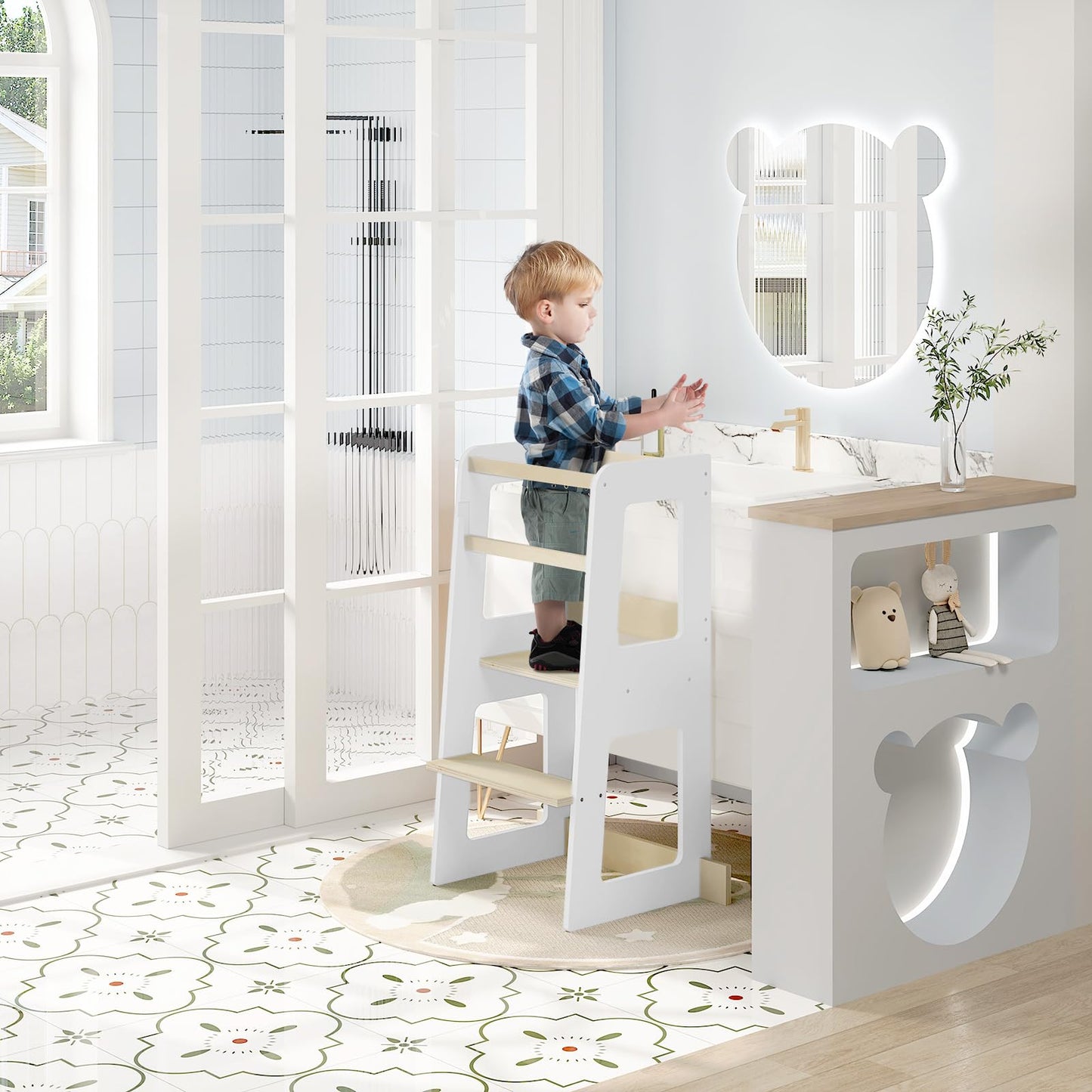 WOLTU Montessori-Lernturm – Küchenturm für Kinder ab 1 Jahr – mit Absturzsicherung – MDF und Massivholz – weiß und naturfarben