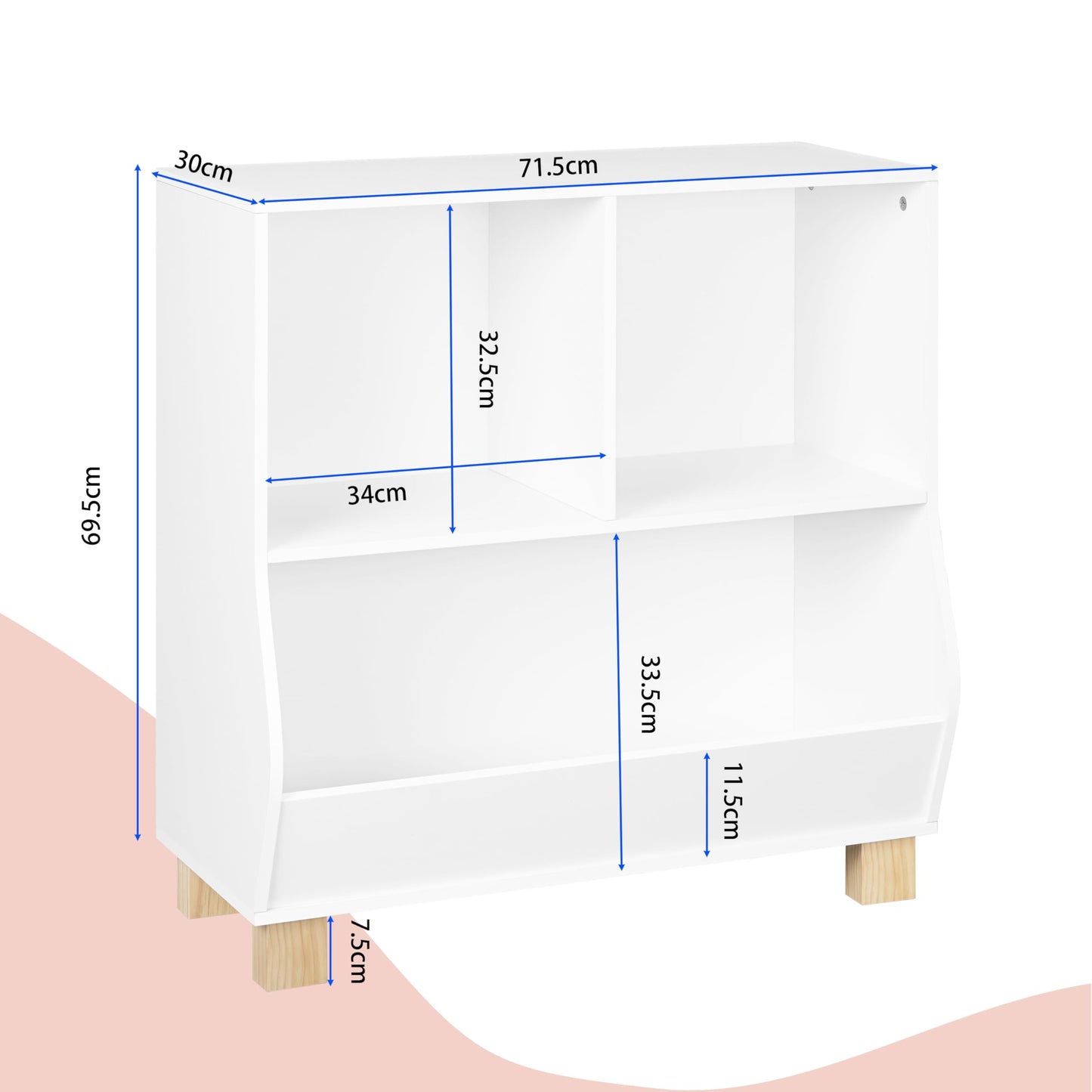Lestarain Montessori-Kinderbücherregal – weiß – 3 Fächer – mit Massivholzbeinen – 71,5 x 77 x 34,5 cm
