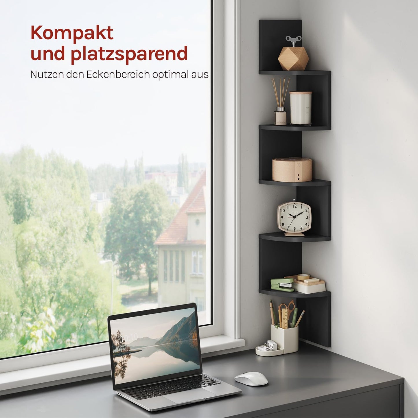 WOLTU Eck-Wandregal – schwarzes Zickzack-Wandregal – 5 Ebenen – 19,5 x 19,5 x 123 cm