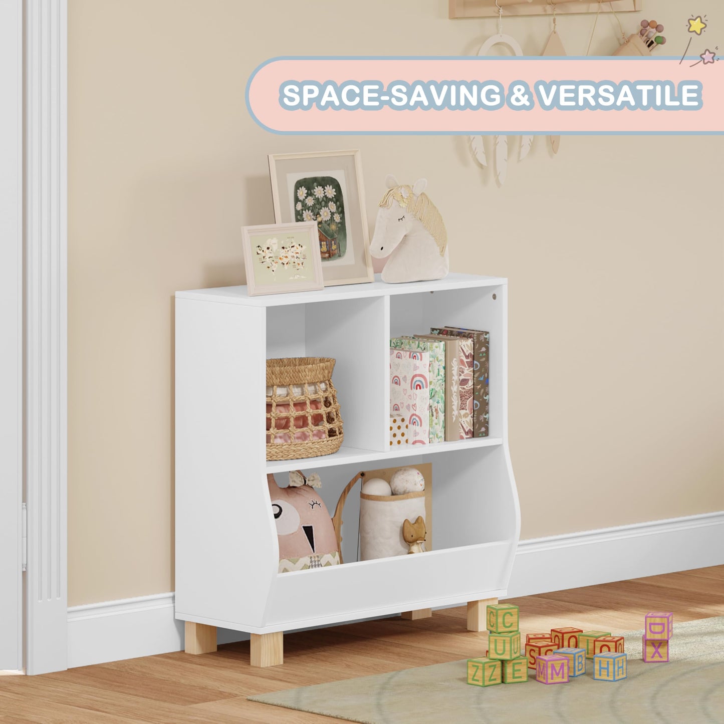 Lestarain Montessori-Kinderbücherregal – weiß – 3 Fächer – mit Massivholzbeinen – 71,5 x 77 x 34,5 cm