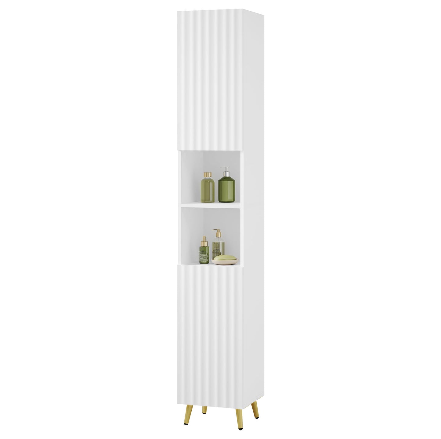 ESituro Hoher Badezimmerschrank – 2 Türen und 2 offene Fächer – verstellbare Einlegeböden – Hochglanzweiß – 30 x 180 x 28 cm