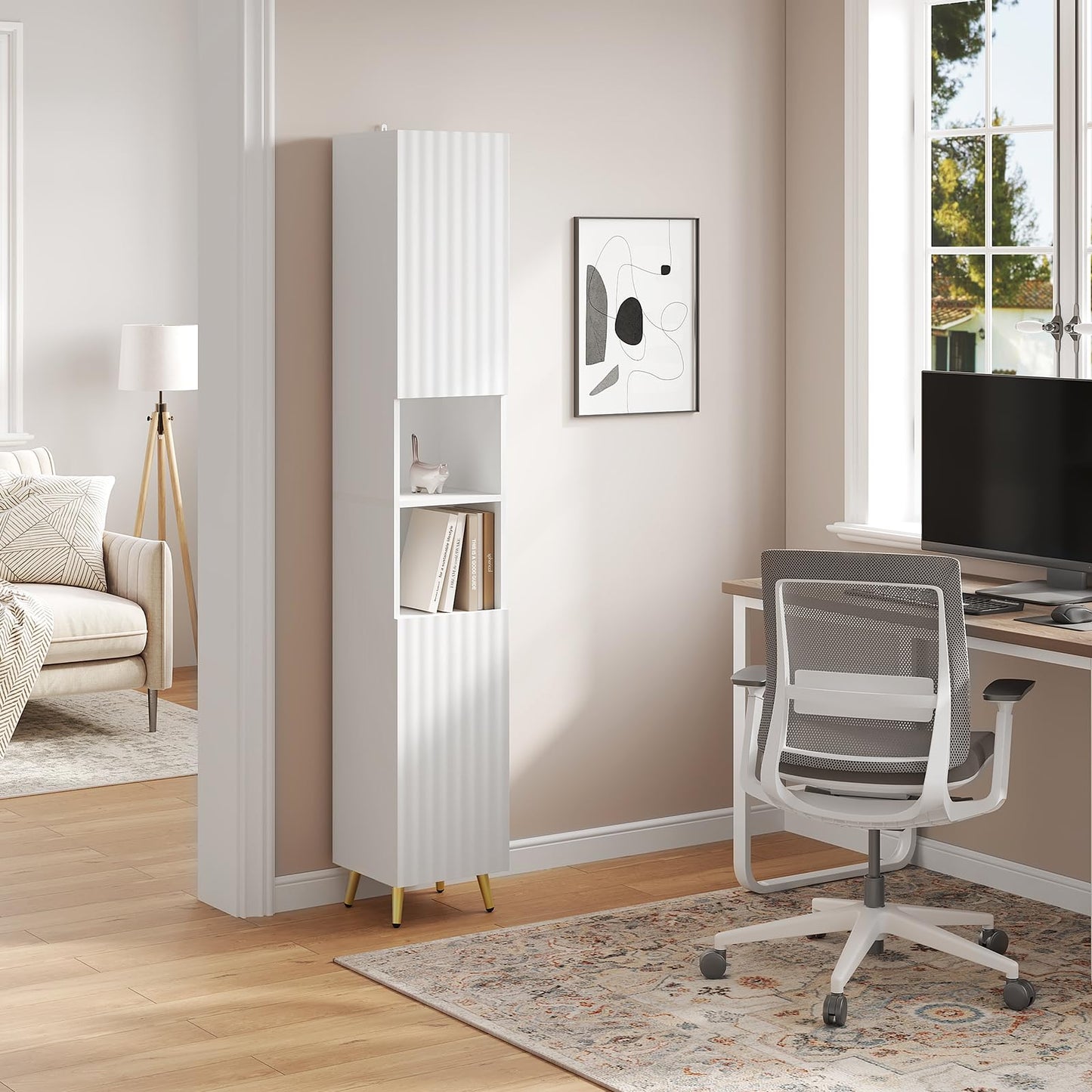 ESituro Hoher Badezimmerschrank – 2 Türen und 2 offene Fächer – verstellbare Einlegeböden – Hochglanzweiß – 30 x 180 x 28 cm