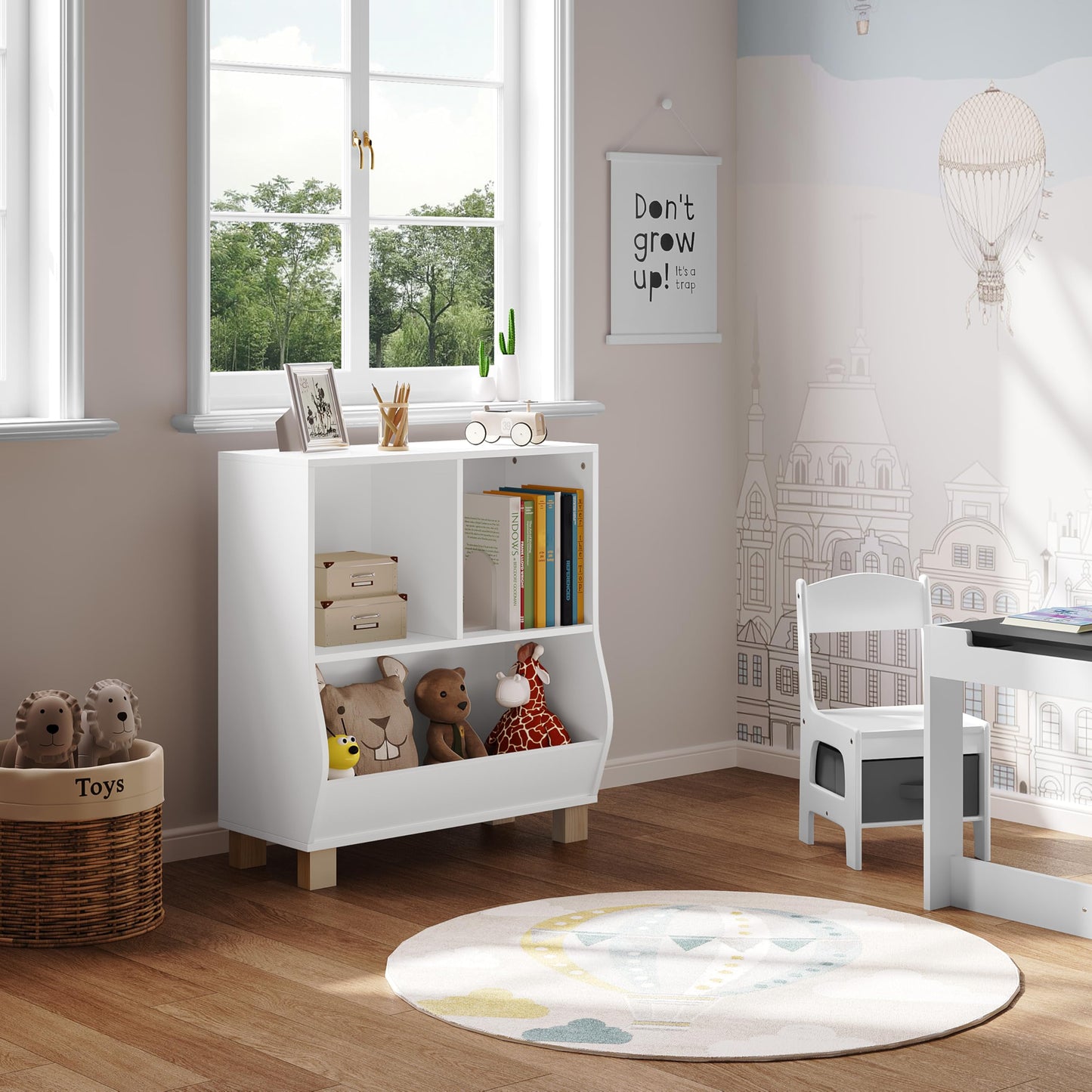 Lestarain Montessori-Kinderbücherregal – weiß – 3 Fächer – mit Massivholzbeinen – 71,5 x 77 x 34,5 cm