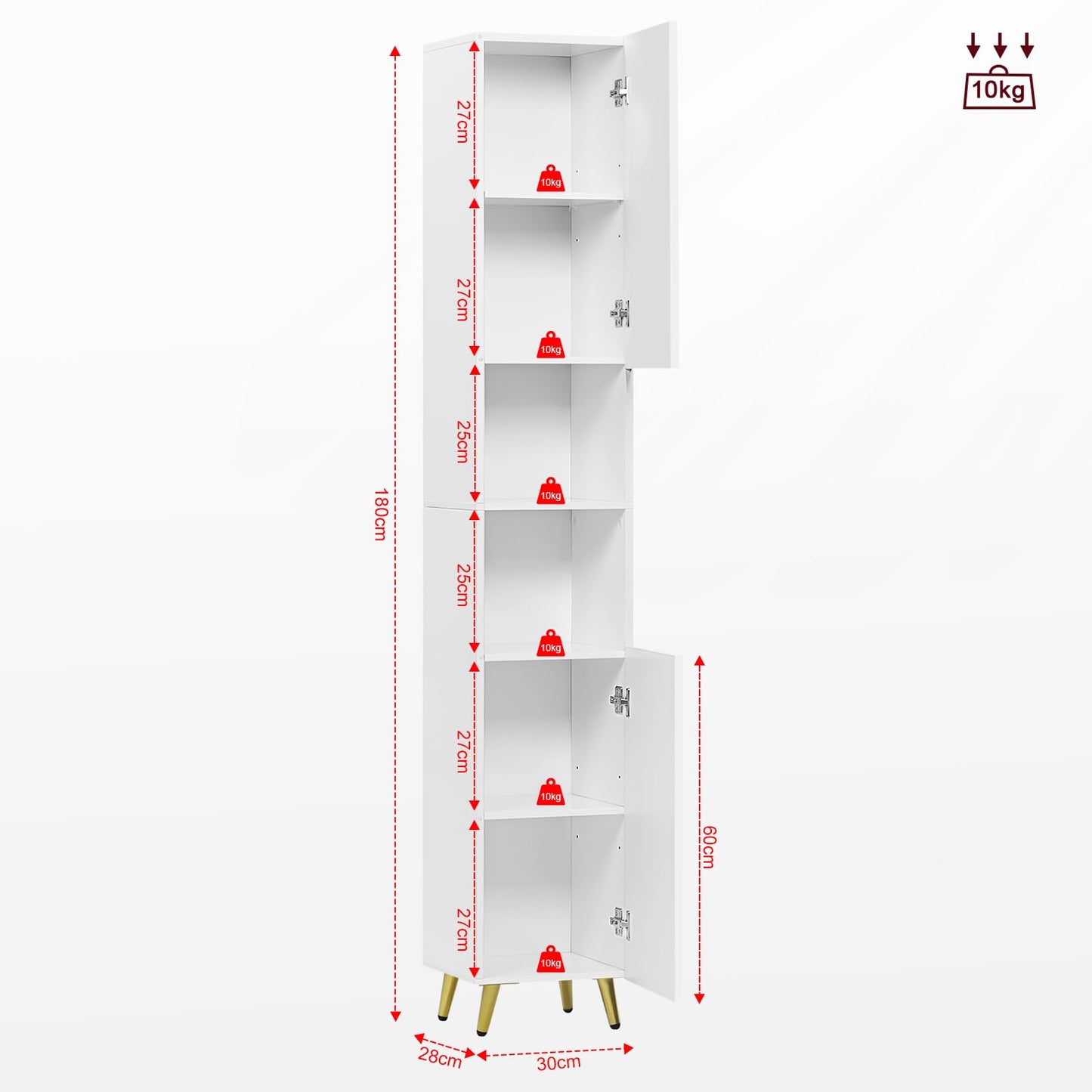 ESituro Hoher Badezimmerschrank – 2 Türen und 2 offene Fächer – verstellbare Einlegeböden – Hochglanzweiß – 30 x 180 x 28 cm