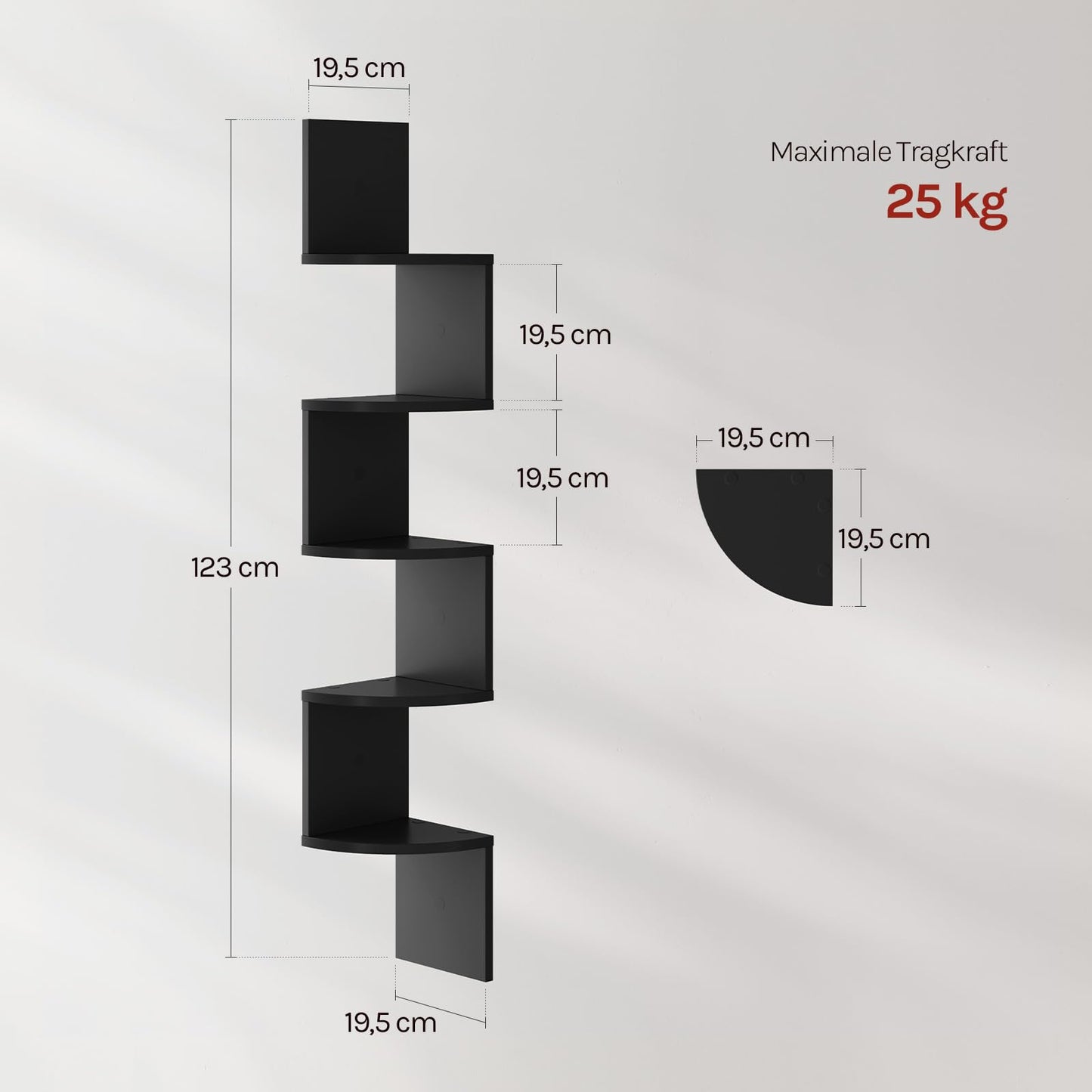 WOLTU Eck-Wandregal – schwarzes Zickzack-Wandregal – 5 Ebenen – 19,5 x 19,5 x 123 cm