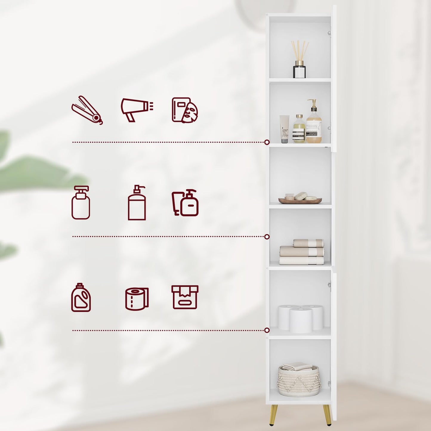 ESituro Hoher Badezimmerschrank – 2 Türen und 2 offene Fächer – verstellbare Einlegeböden – Hochglanzweiß – 30 x 180 x 28 cm