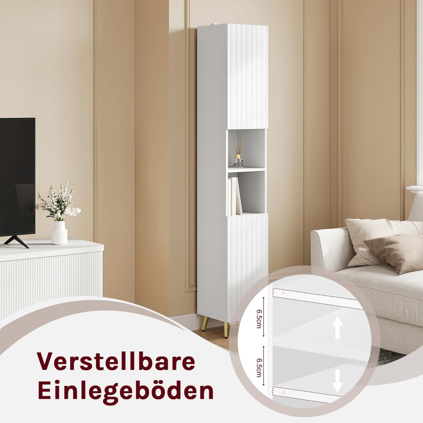 ESituro Hoher Badezimmerschrank – 2 Türen und 2 offene Fächer – verstellbare Einlegeböden – Hochglanzweiß – 30 x 180 x 28 cm