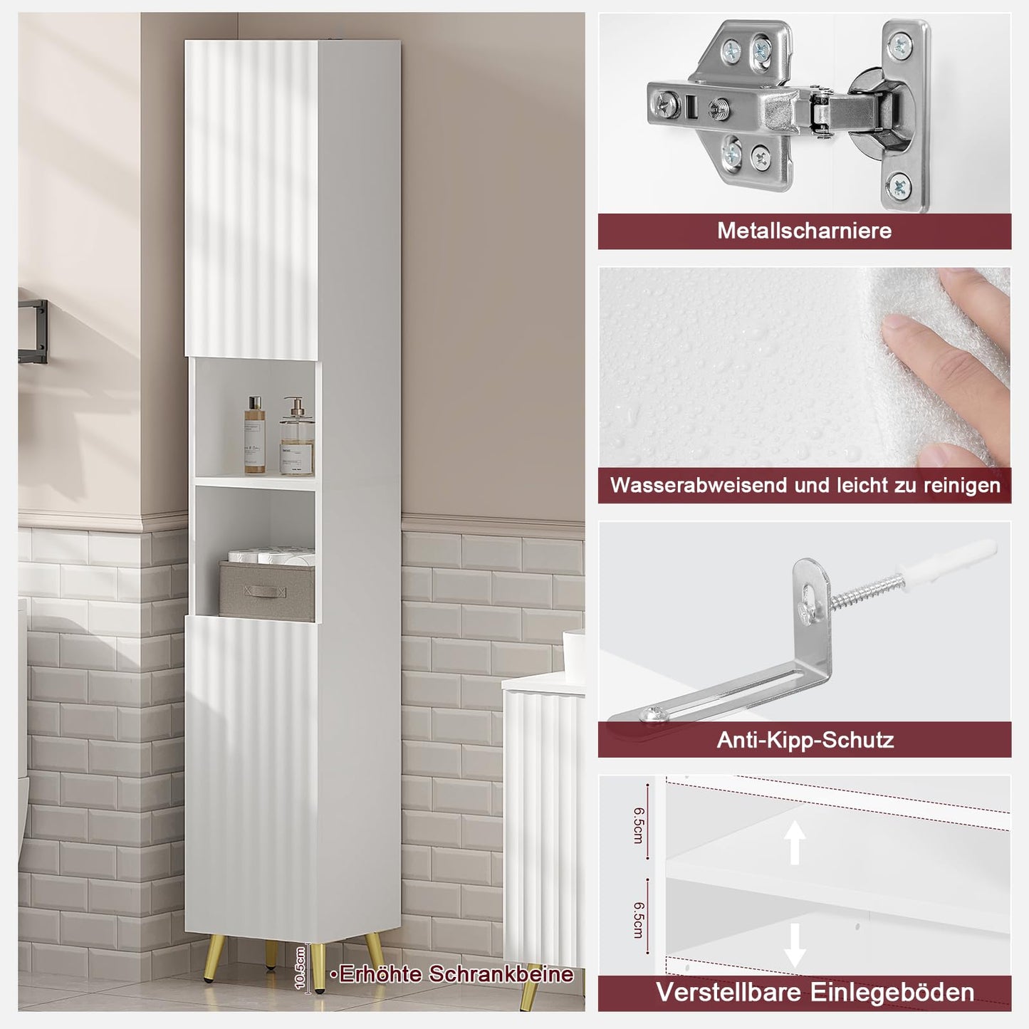 ESituro Hoher Badezimmerschrank – 2 Türen und 2 offene Fächer – verstellbare Einlegeböden – Hochglanzweiß – 30 x 180 x 28 cm