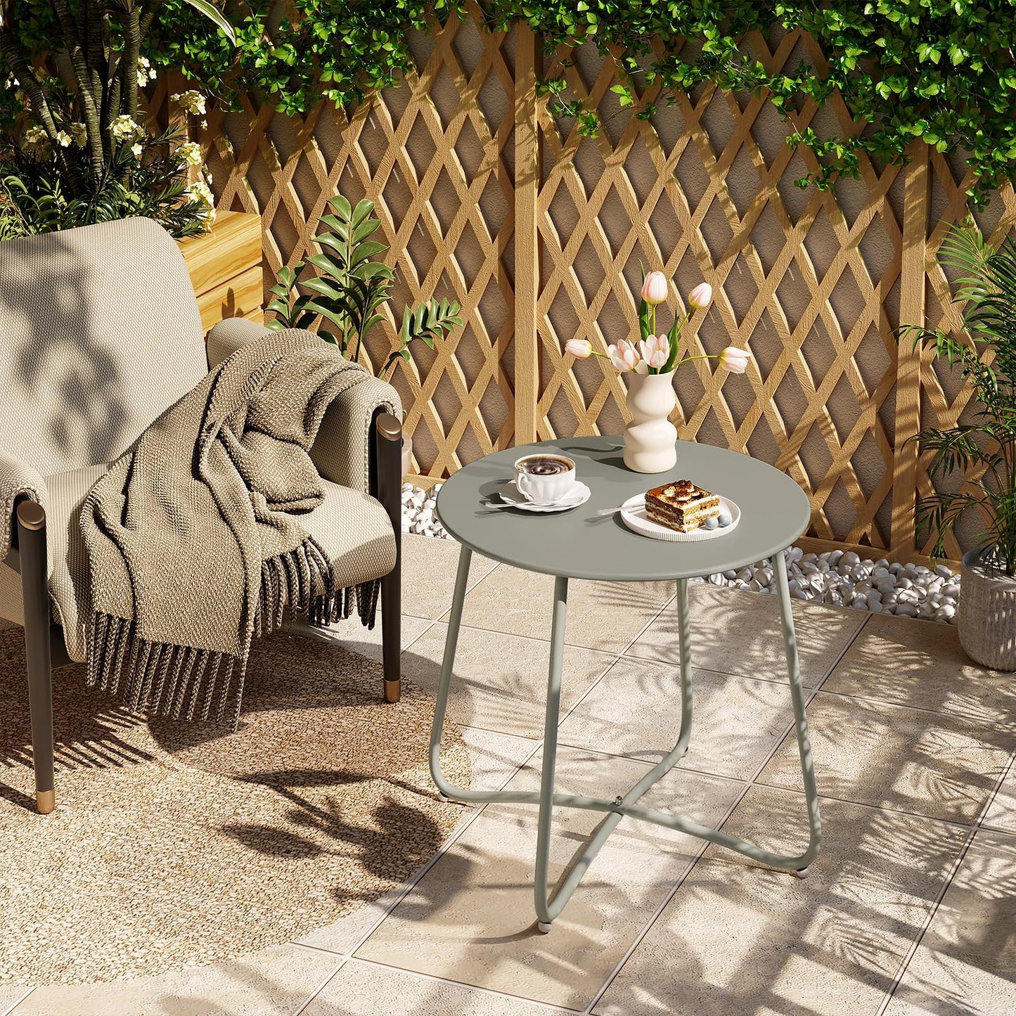 eSituro runder Beistelltisch – Metalltisch für Balkon und Garten – grau – Durchmesser 45 cm – verstellbare Fußkappen