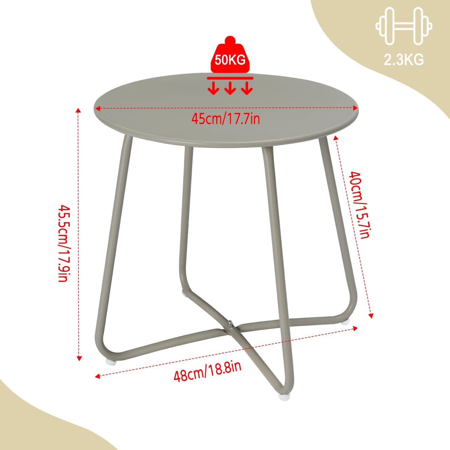 eSituro runder Beistelltisch – Metalltisch für Balkon und Garten – grau – Durchmesser 45 cm – verstellbare Fußkappen