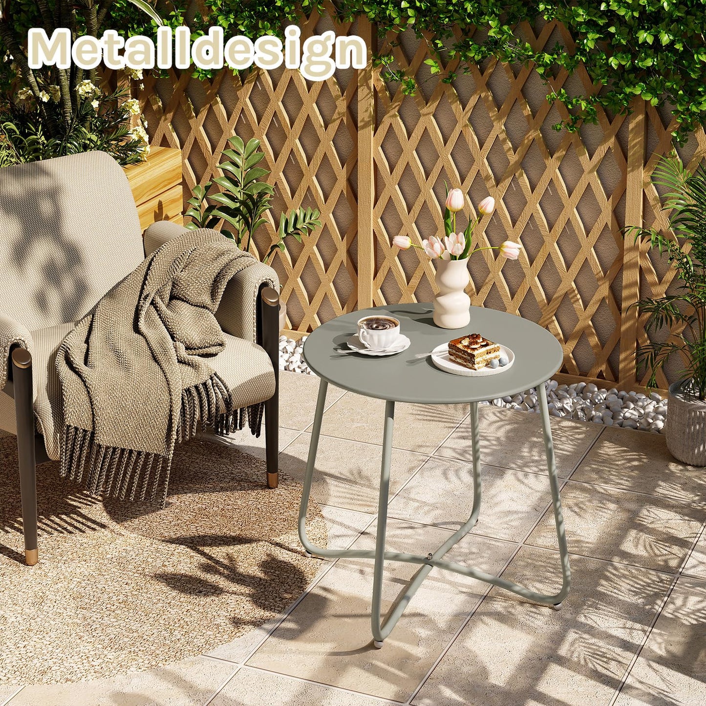 eSituro runder Beistelltisch – Metalltisch für Balkon und Garten – grau – Durchmesser 45 cm – verstellbare Fußkappen