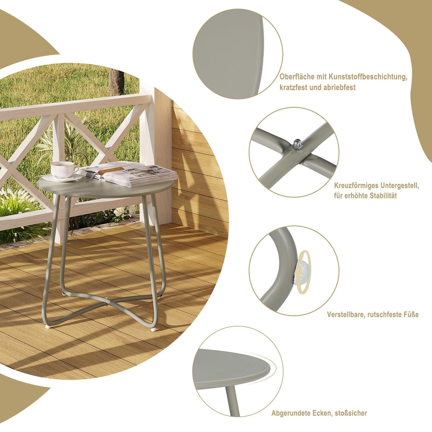 eSituro runder Beistelltisch – Metalltisch für Balkon und Garten – grau – Durchmesser 45 cm – verstellbare Fußkappen