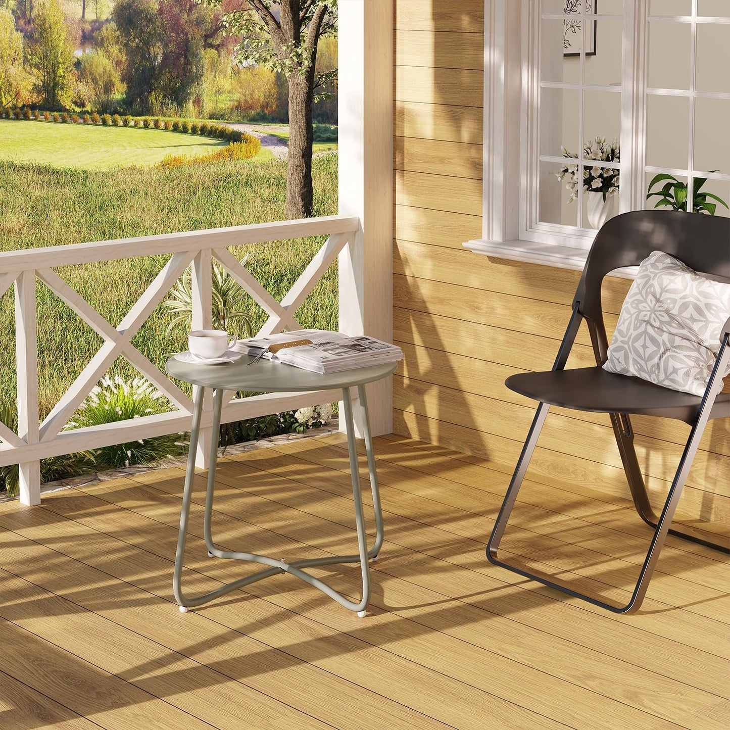 eSituro runder Beistelltisch – Metalltisch für Balkon und Garten – grau – Durchmesser 45 cm – verstellbare Fußkappen