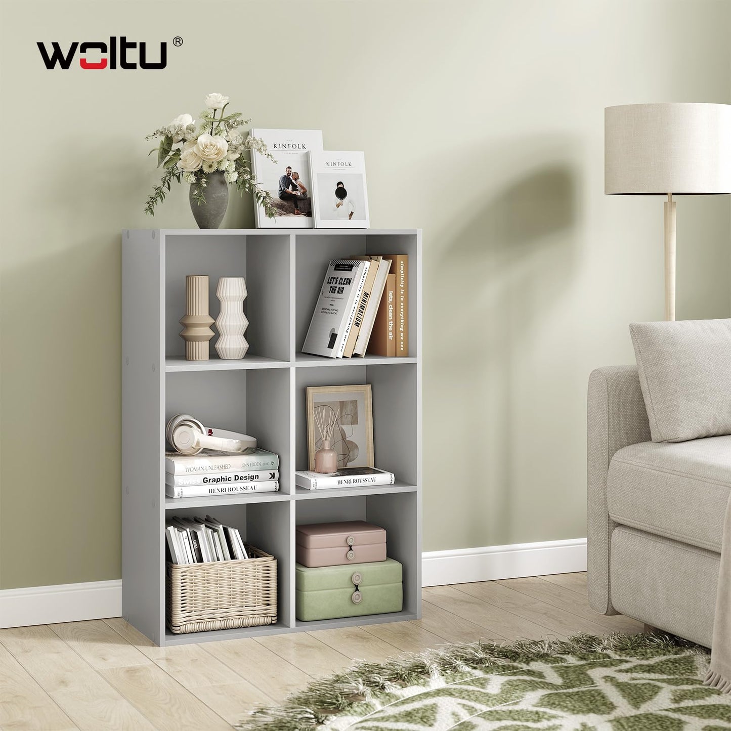 WOLTU Bücherregal – Würfelregal – 6 Fächer – grau – 60 x 89 x 29 cm
