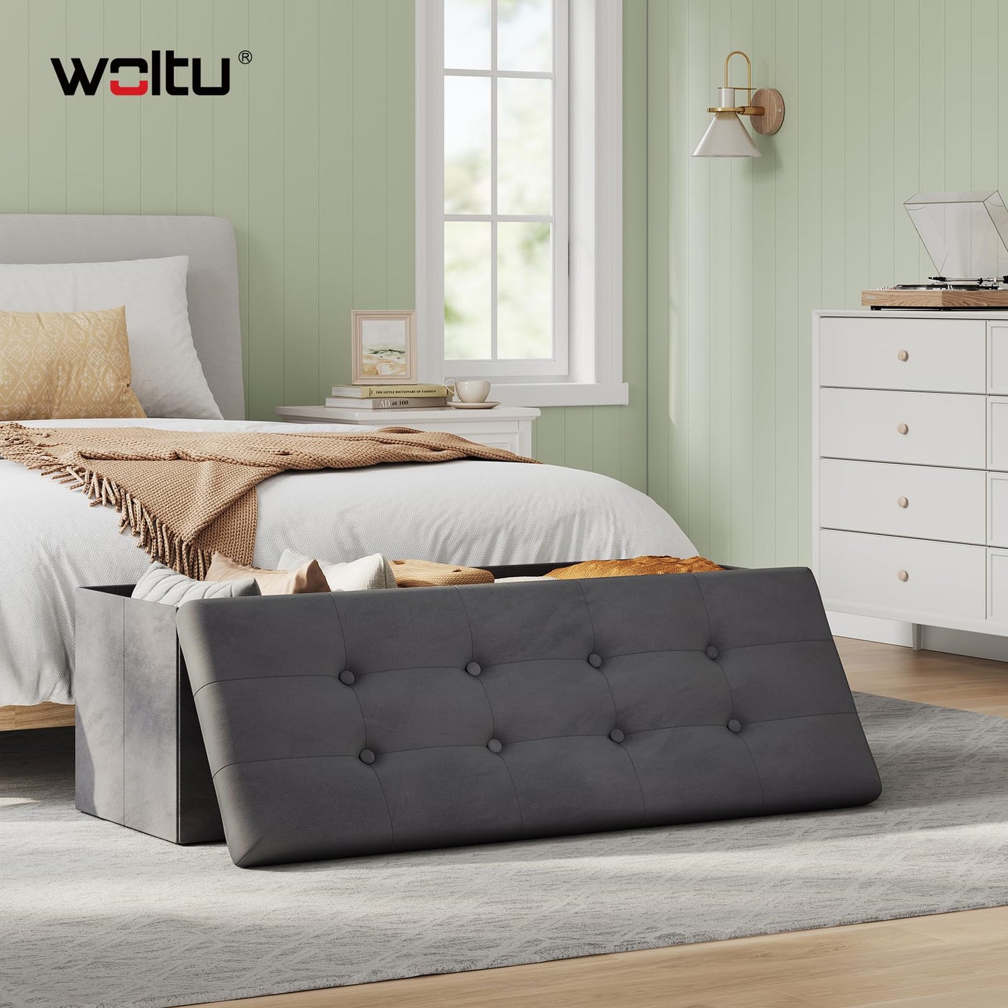 WOLTU Aufbewahrungsbank – 110 cm – 118 l Stauraum – klappbar – samtgrau – Belastbarkeit 300 kg