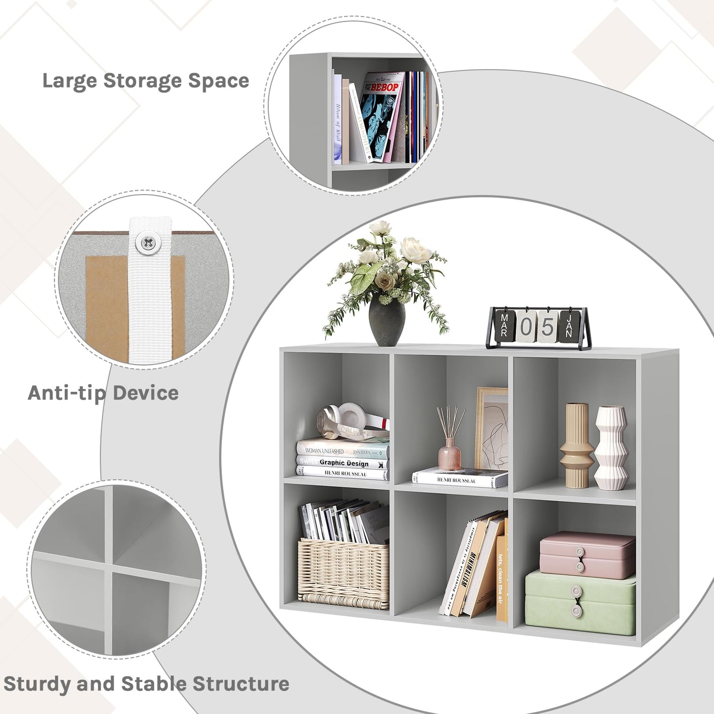 WOLTU Bücherregal – Würfelregal – 6 Fächer – grau – 60 x 89 x 29 cm