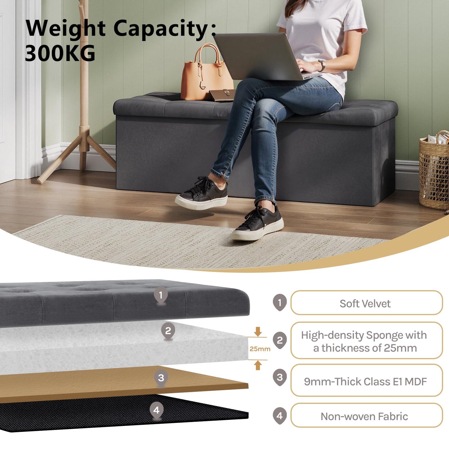 WOLTU Aufbewahrungsbank – 110 cm – 118 l Stauraum – klappbar – samtgrau – Belastbarkeit 300 kg