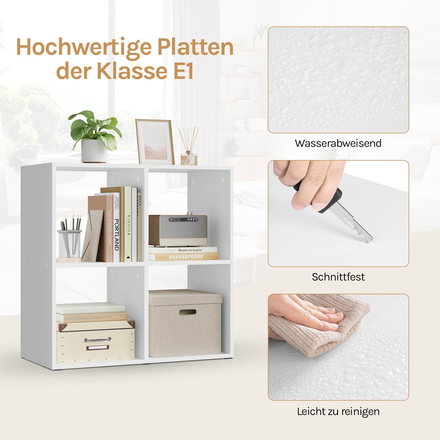 WOLTU SK053ws Bücherregal – 4 offene Fächer – helles Eiche – 60 x 60 x 29 cm