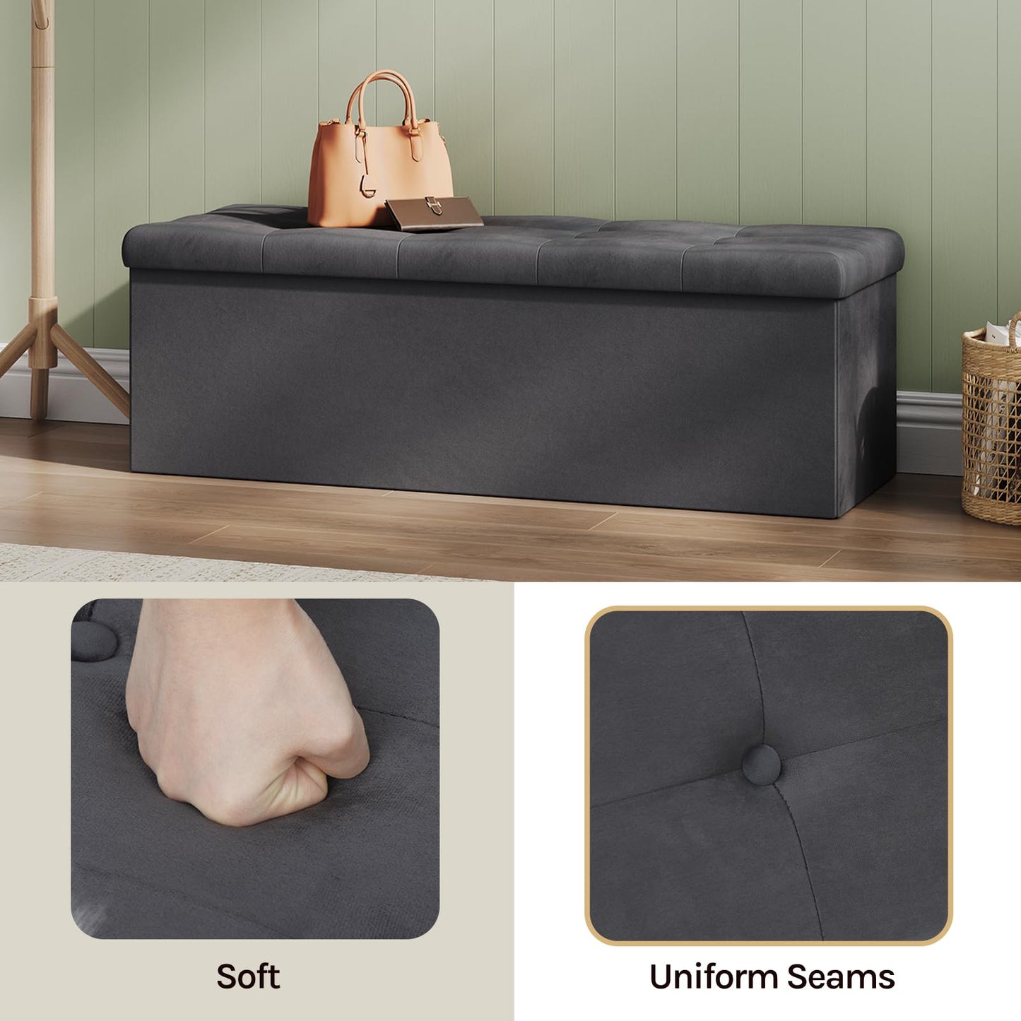 WOLTU Aufbewahrungsbank – 110 cm – 118 l Stauraum – klappbar – samtgrau – Belastbarkeit 300 kg