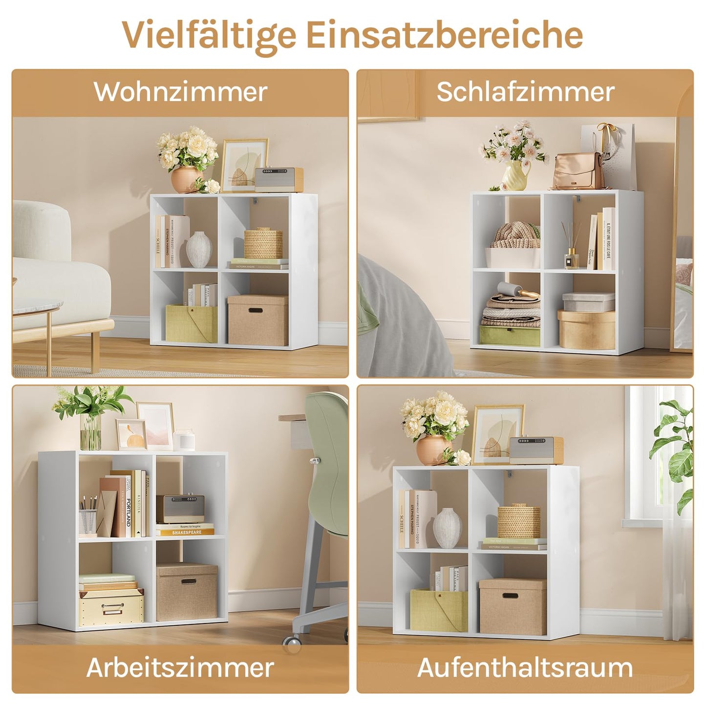 WOLTU SK053ws Bücherregal – 4 offene Fächer – helles Eiche – 60 x 60 x 29 cm
