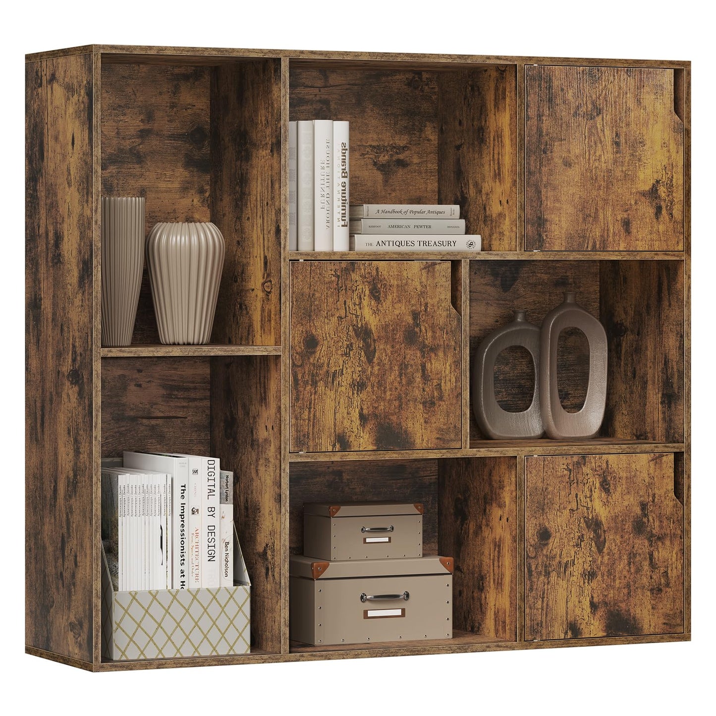 WOLTU SK056vbn Bücherregal – 8 Fächer – 3 Türen – 106 x 96 x 30 cm – rustikales Braun