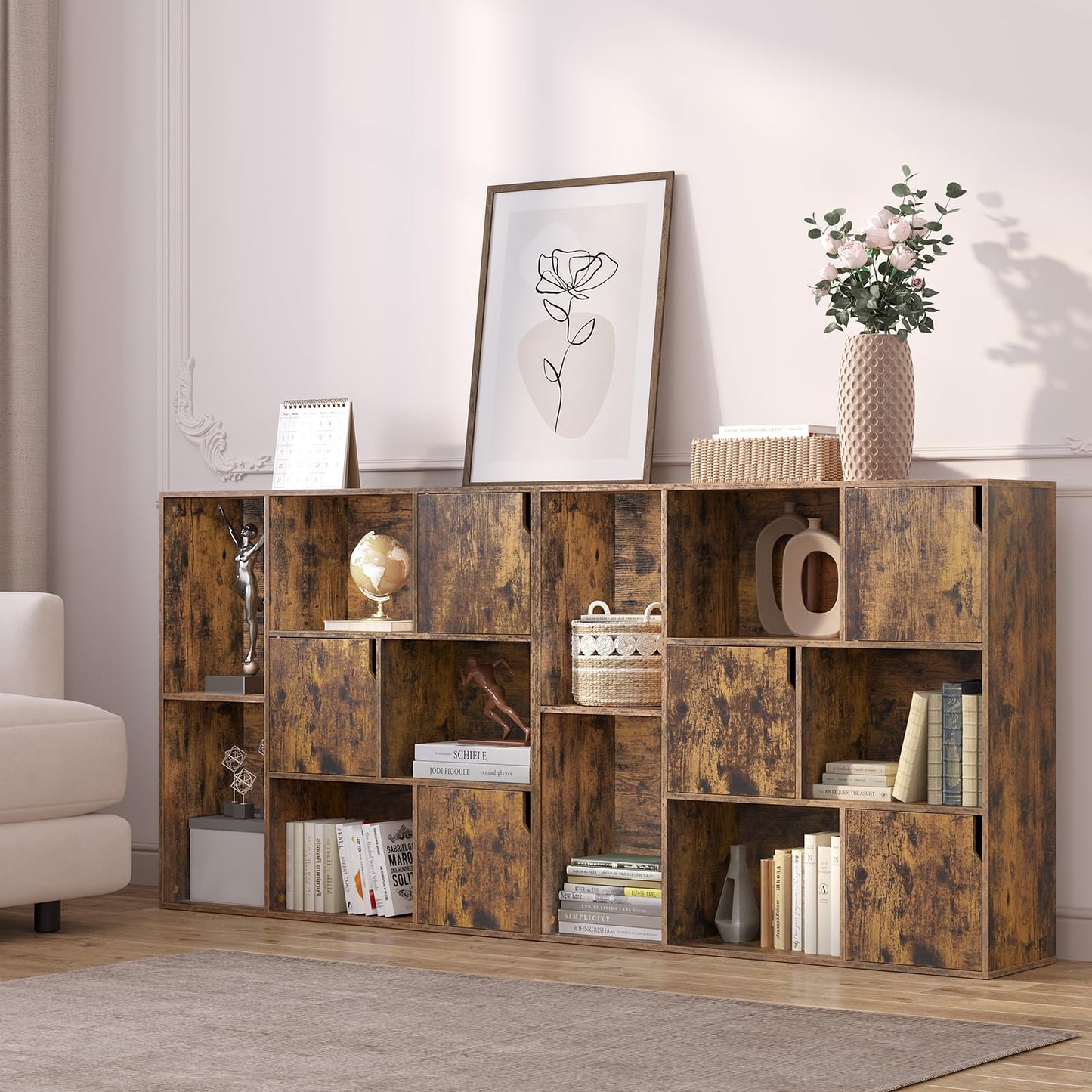 WOLTU SK056vbn Bücherregal – 8 Fächer – 3 Türen – 106 x 96 x 30 cm – rustikales Braun