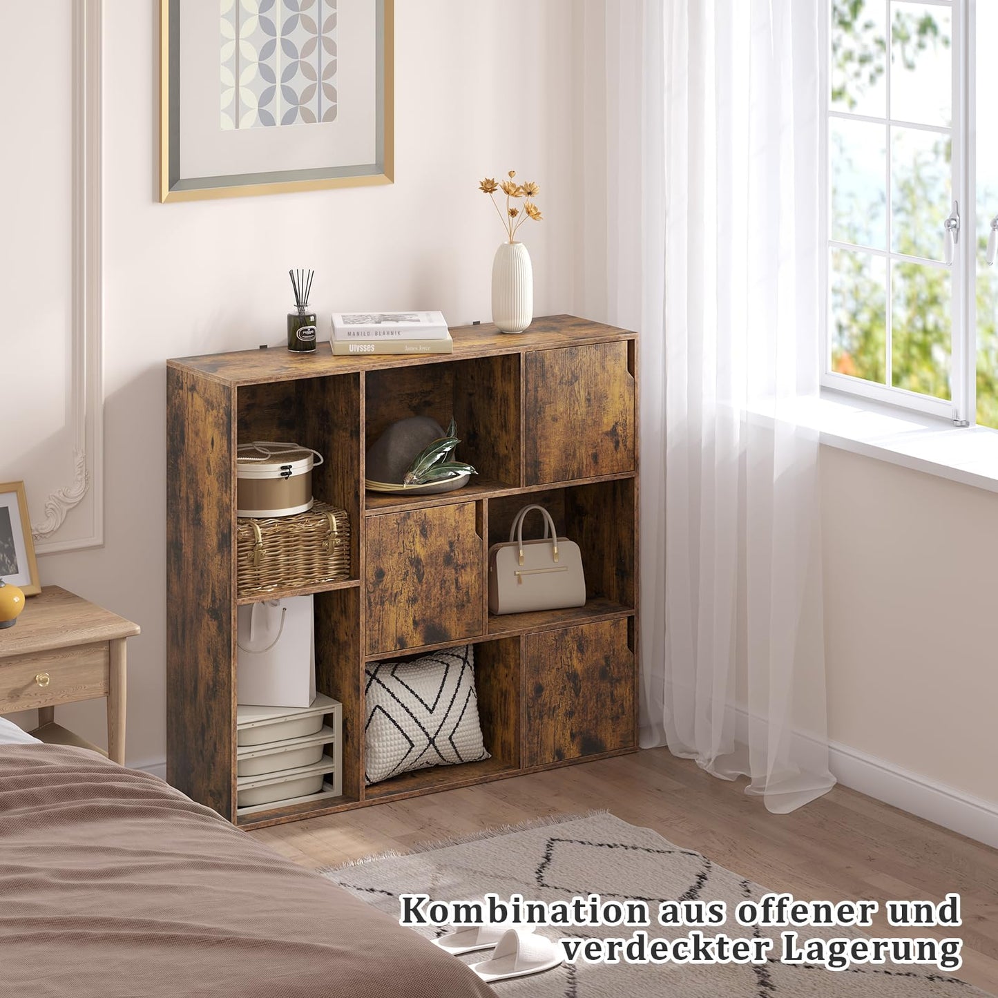 WOLTU SK056vbn Bücherregal – 8 Fächer – 3 Türen – 106 x 96 x 30 cm – rustikales Braun