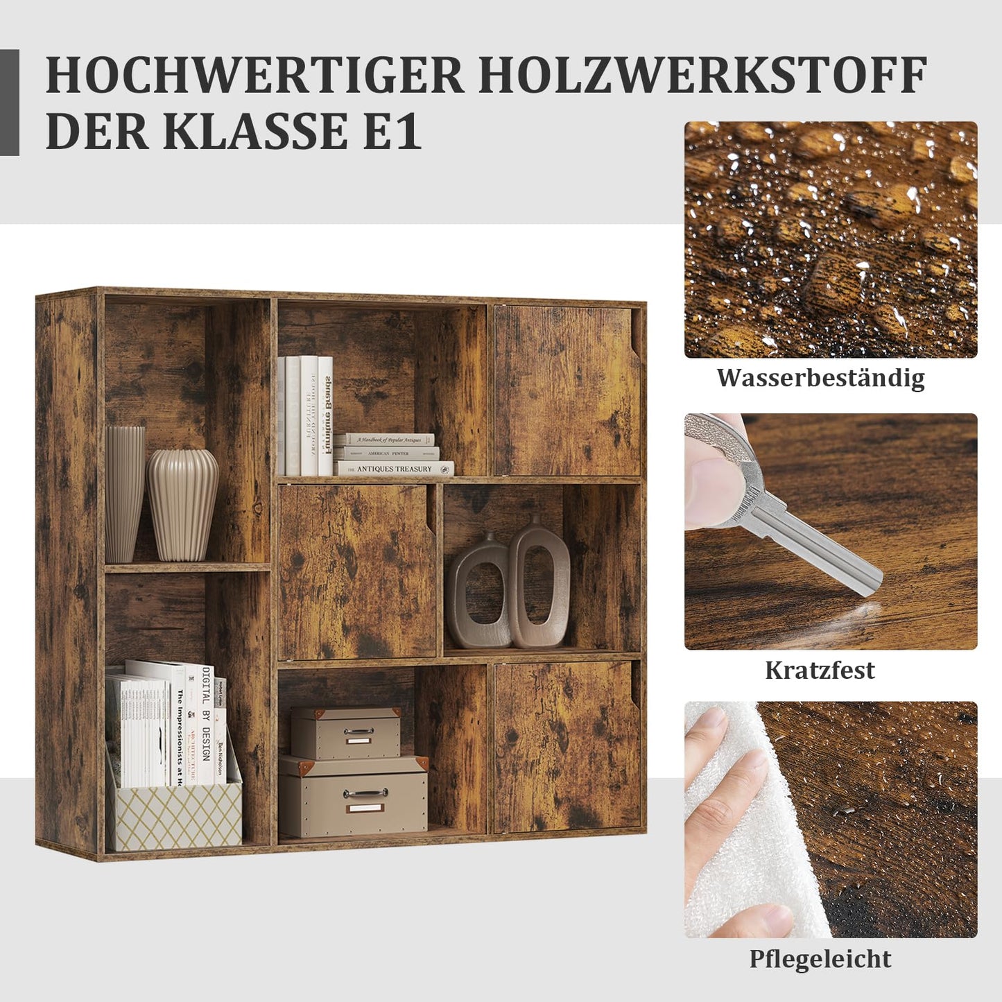 WOLTU SK056vbn Bücherregal – 8 Fächer – 3 Türen – 106 x 96 x 30 cm – rustikales Braun