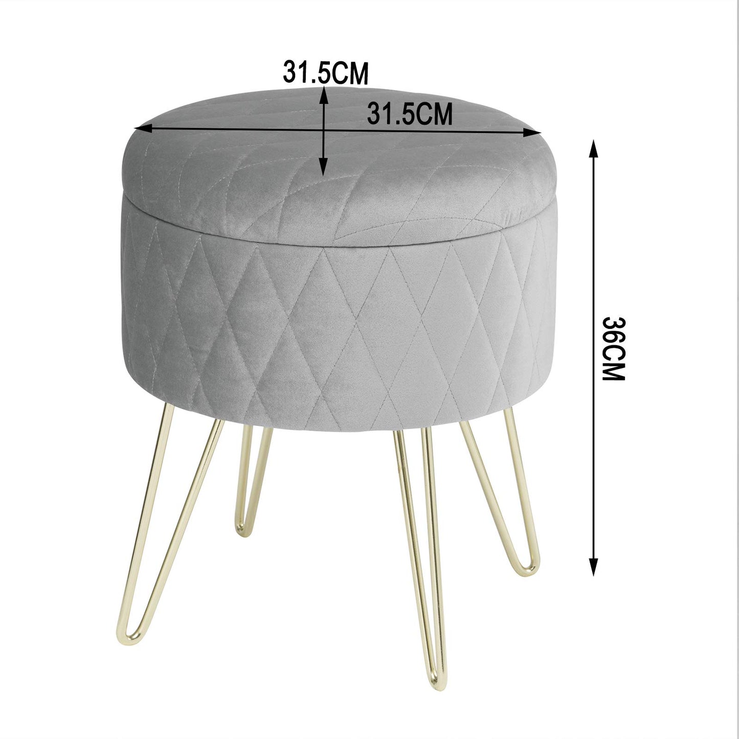 WOLTU Aufbewahrungshocker – Samthocker mit Stauraum – goldene Metallbeine – 31,5 x 31,5 x 36 cm – hellgrau