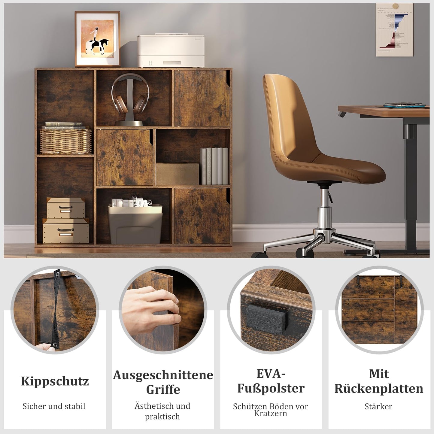 WOLTU SK056vbn Bücherregal – 8 Fächer – 3 Türen – 106 x 96 x 30 cm – rustikales Braun
